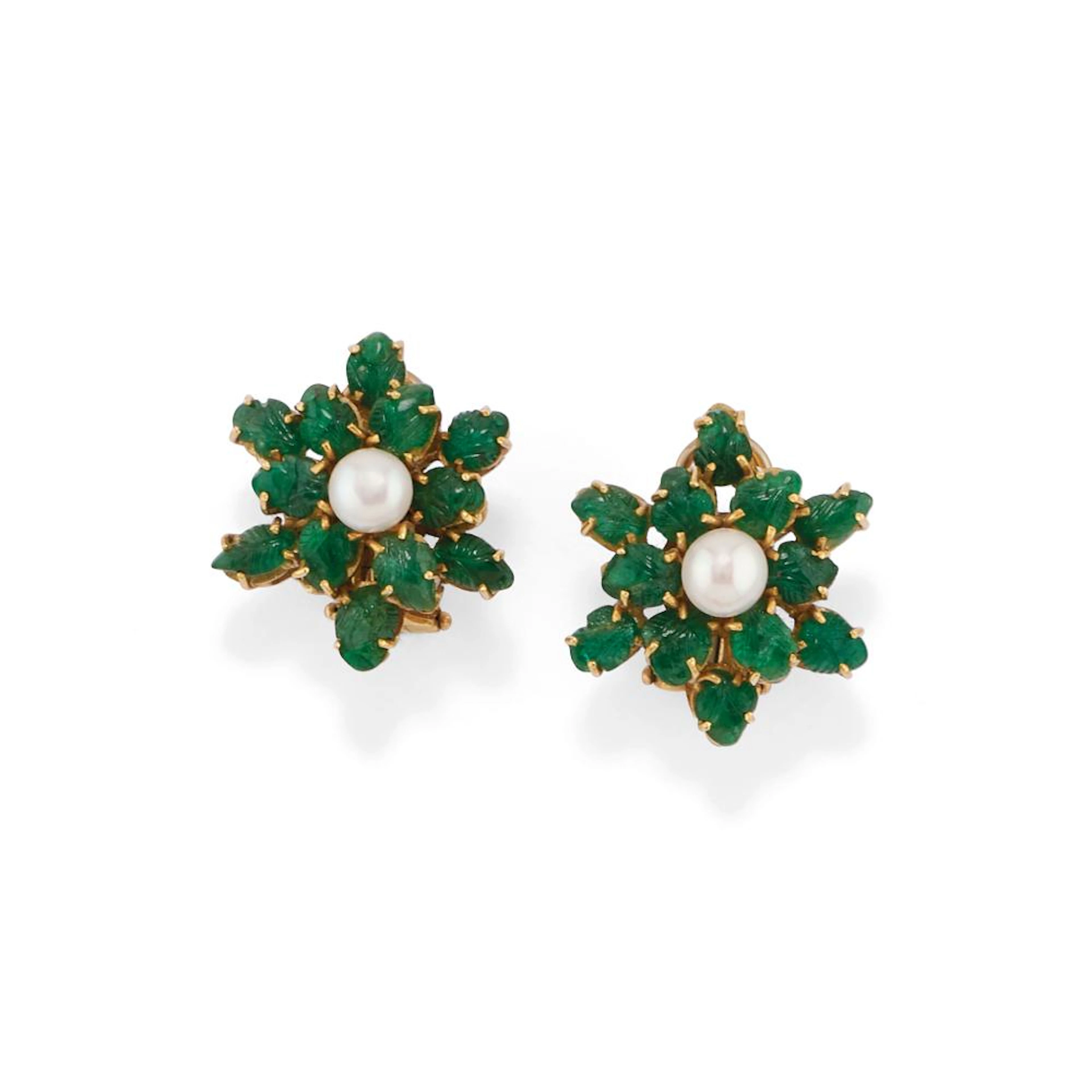 Pair of emerald and pearl ear clips