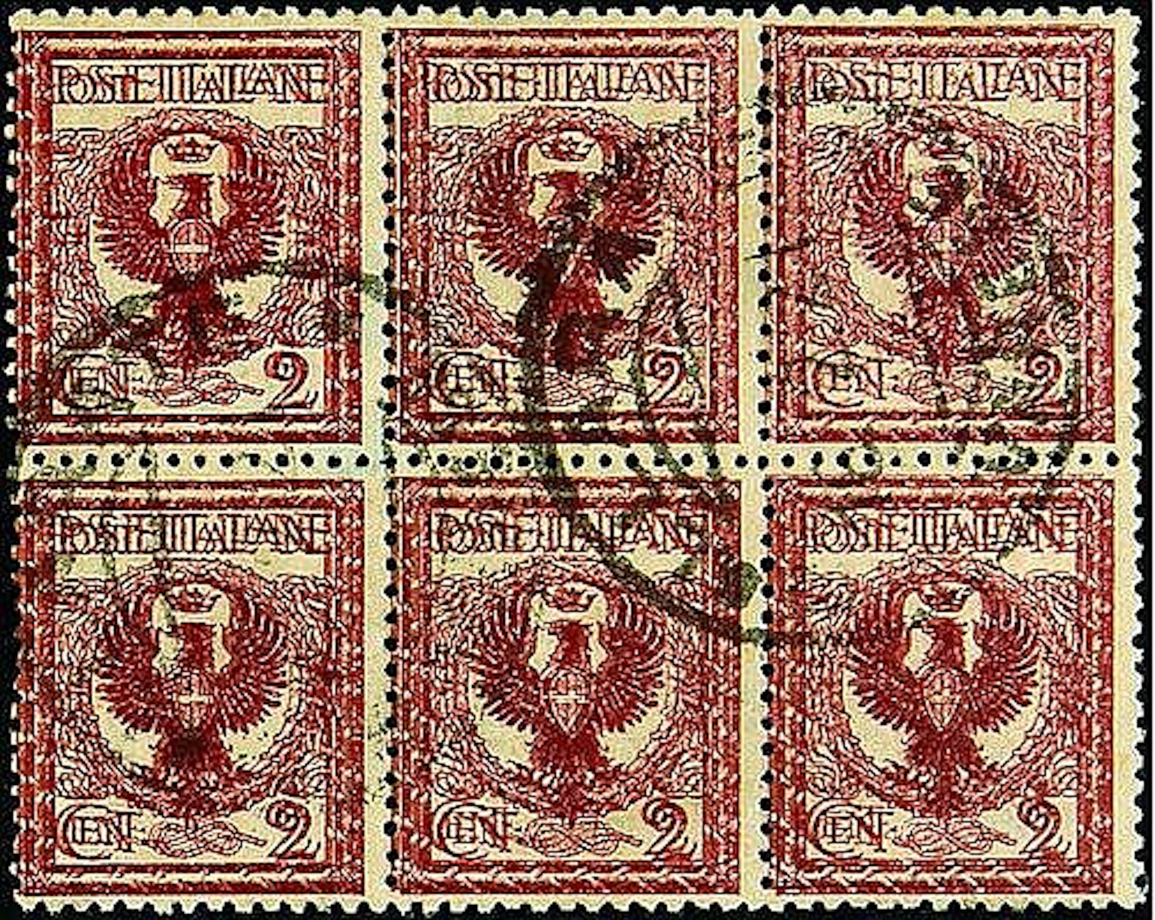 Philatelic - 1901 - Floreale 2 c. blocco di sei doppia stampa