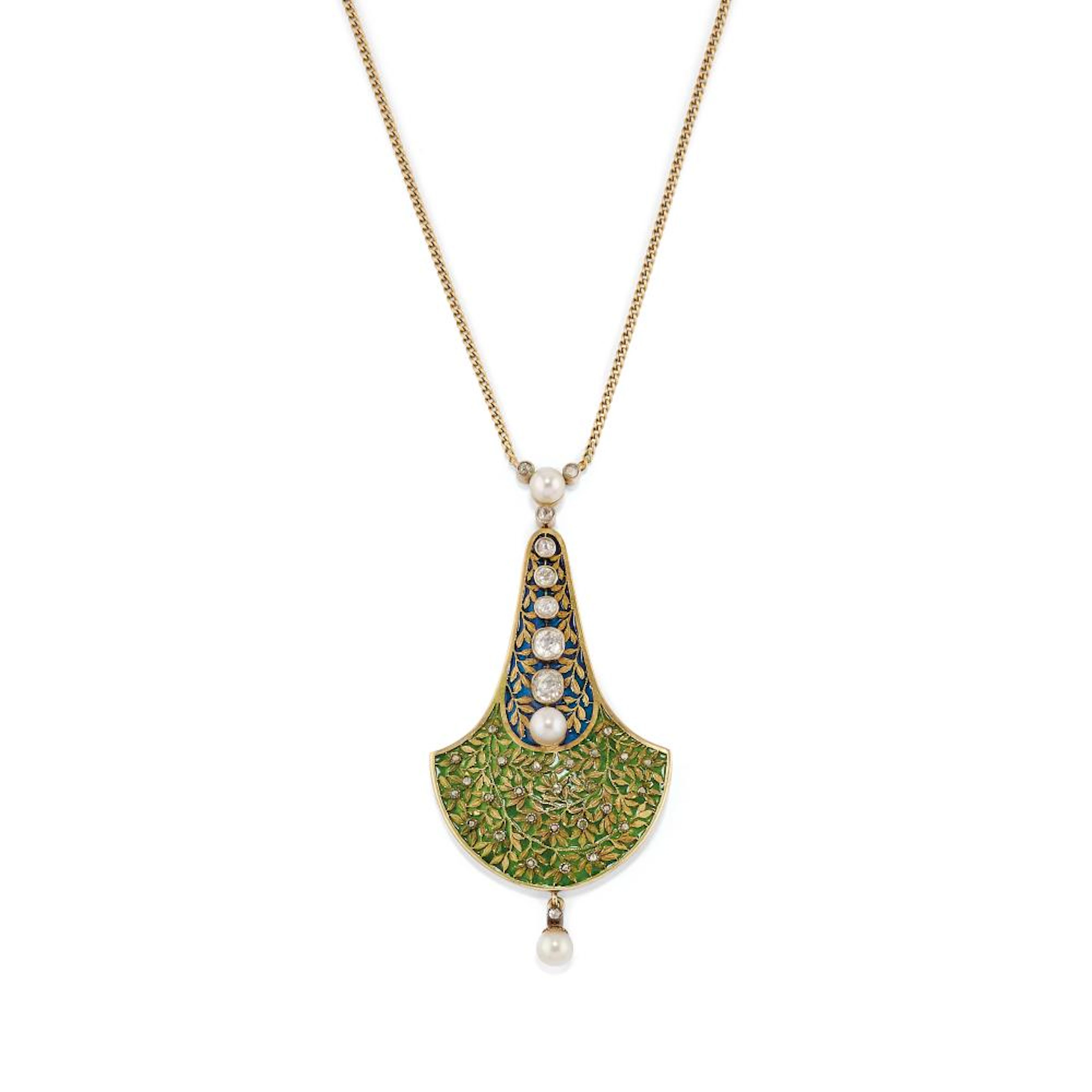 PLIQUE-À-JOUR ENAMEL, DIAMOND AND PEARL PARURE