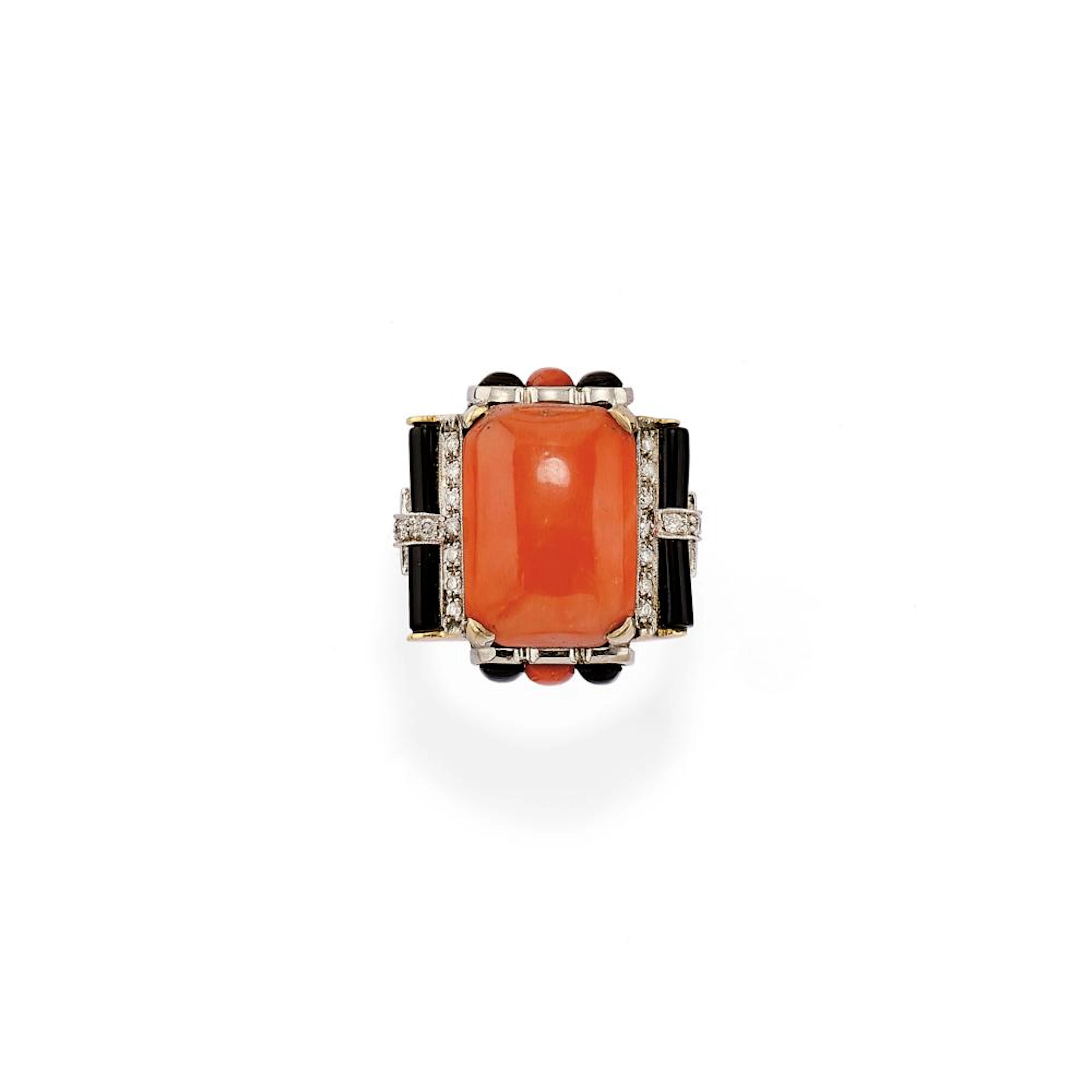 CORAL, ONYX AND DIAMOND RING
