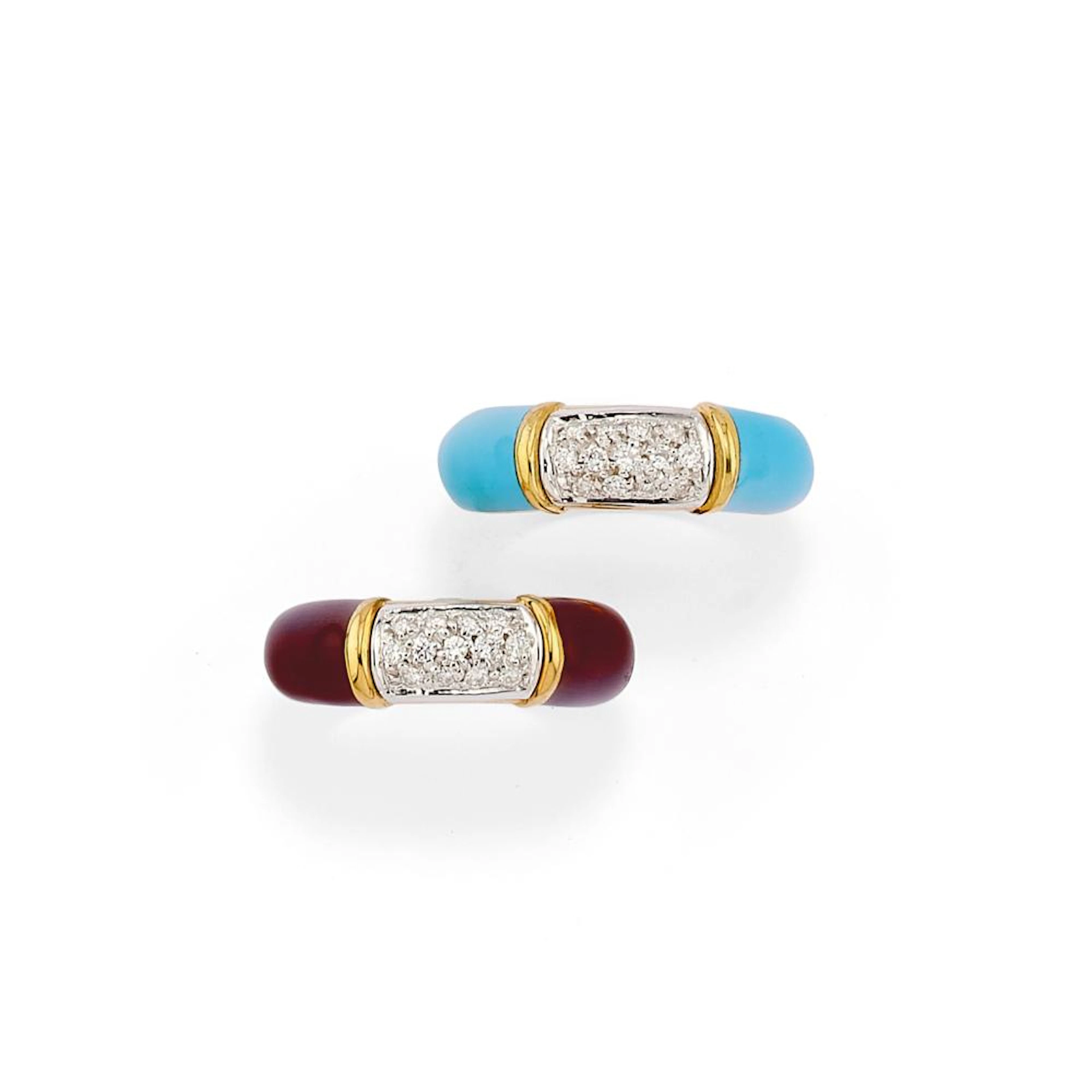 TWO DIAMOND AND ENAMEL RINGS