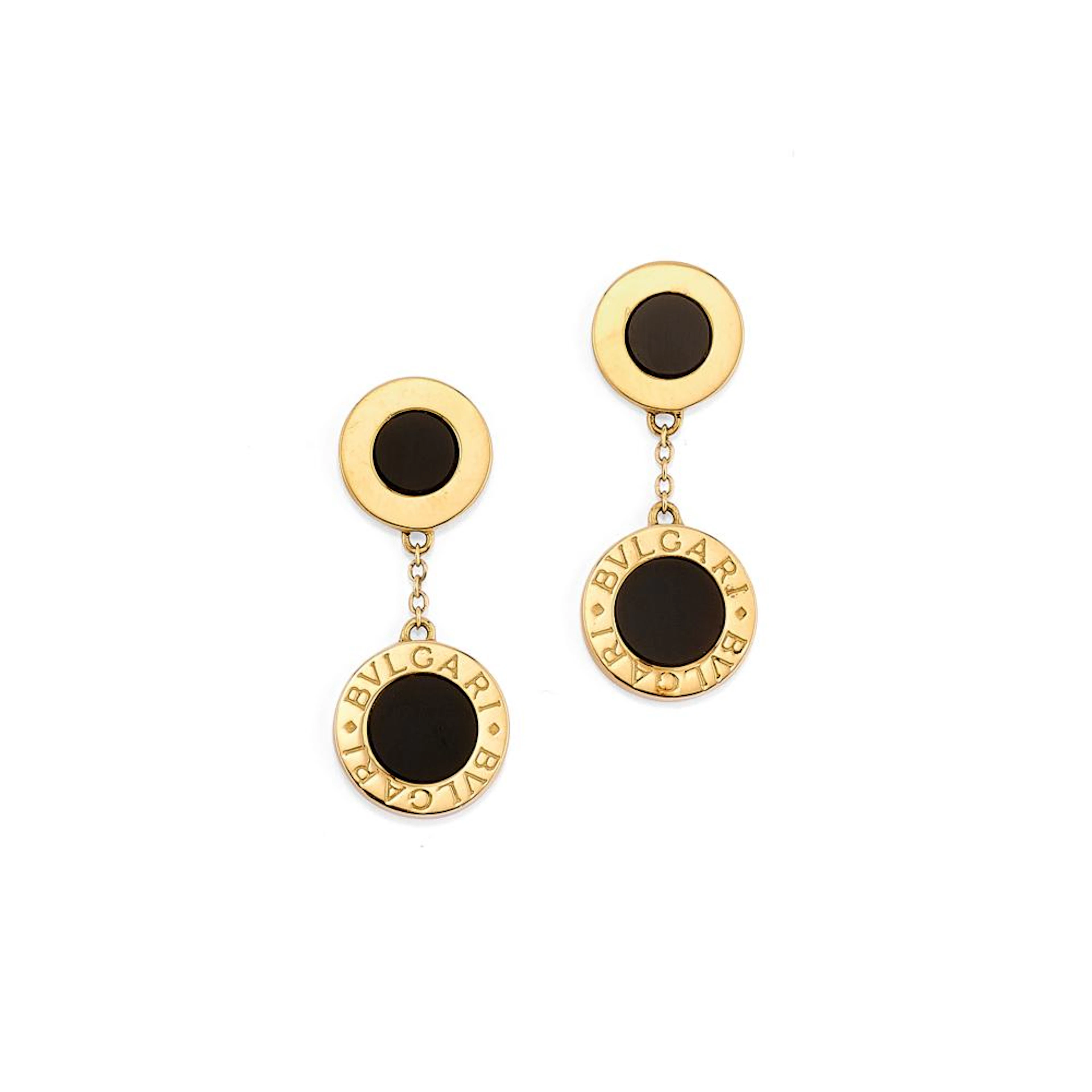 PAIR OF PENDENT GOLD AND ONYX EARRINGS