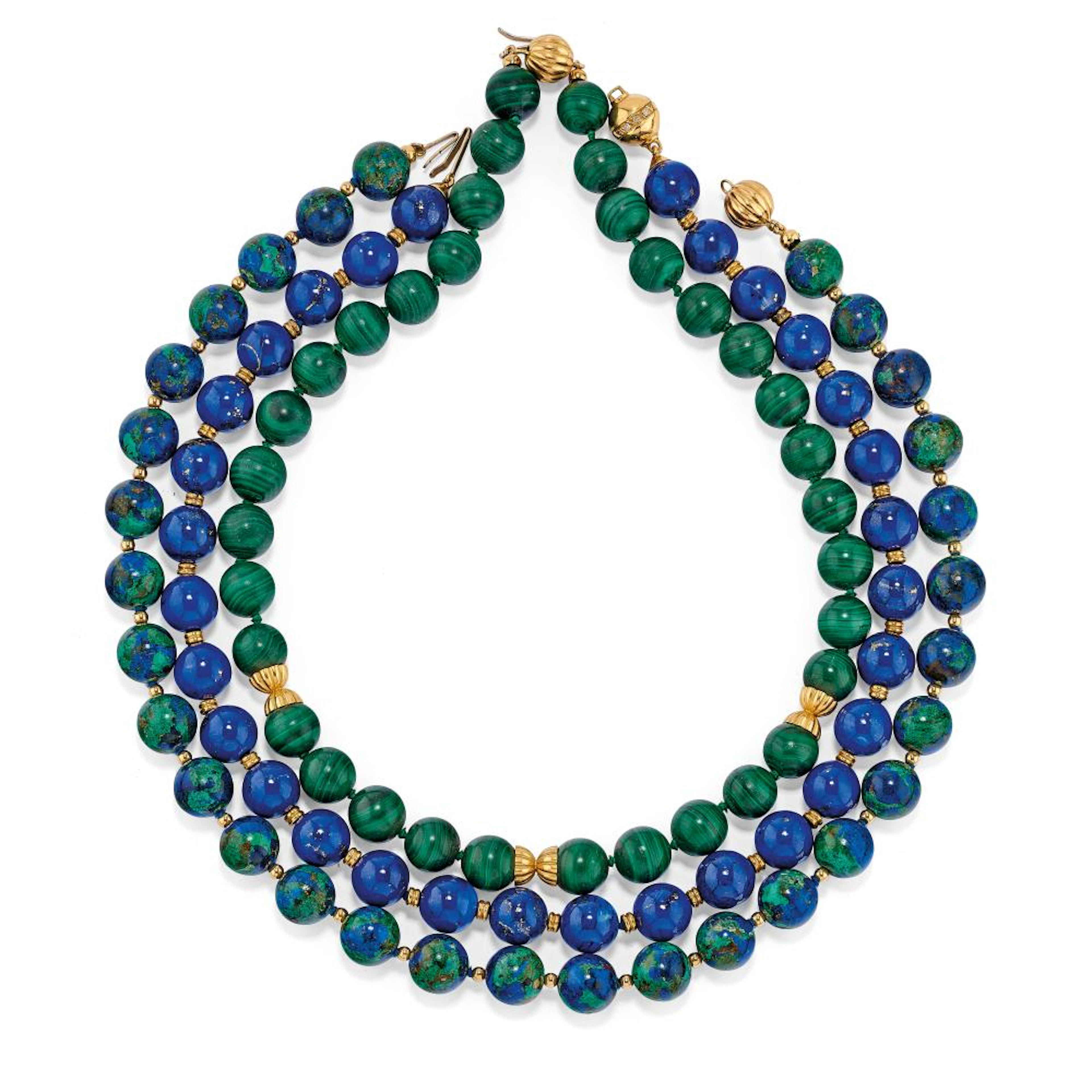 LOT OF THREE HARD STONE AND YELLOW GOLD NECKLACES