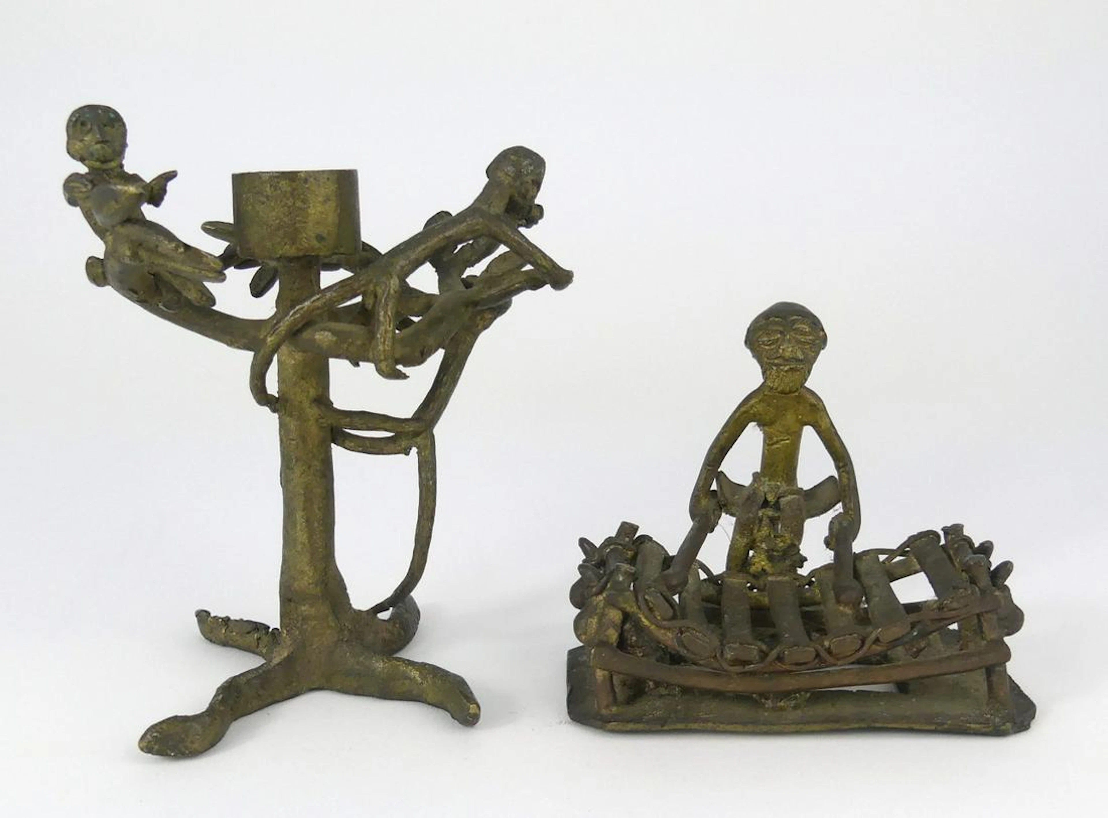 2pc AFRICAN BRASS MUSICIAN & MONKEY CANDELABRA