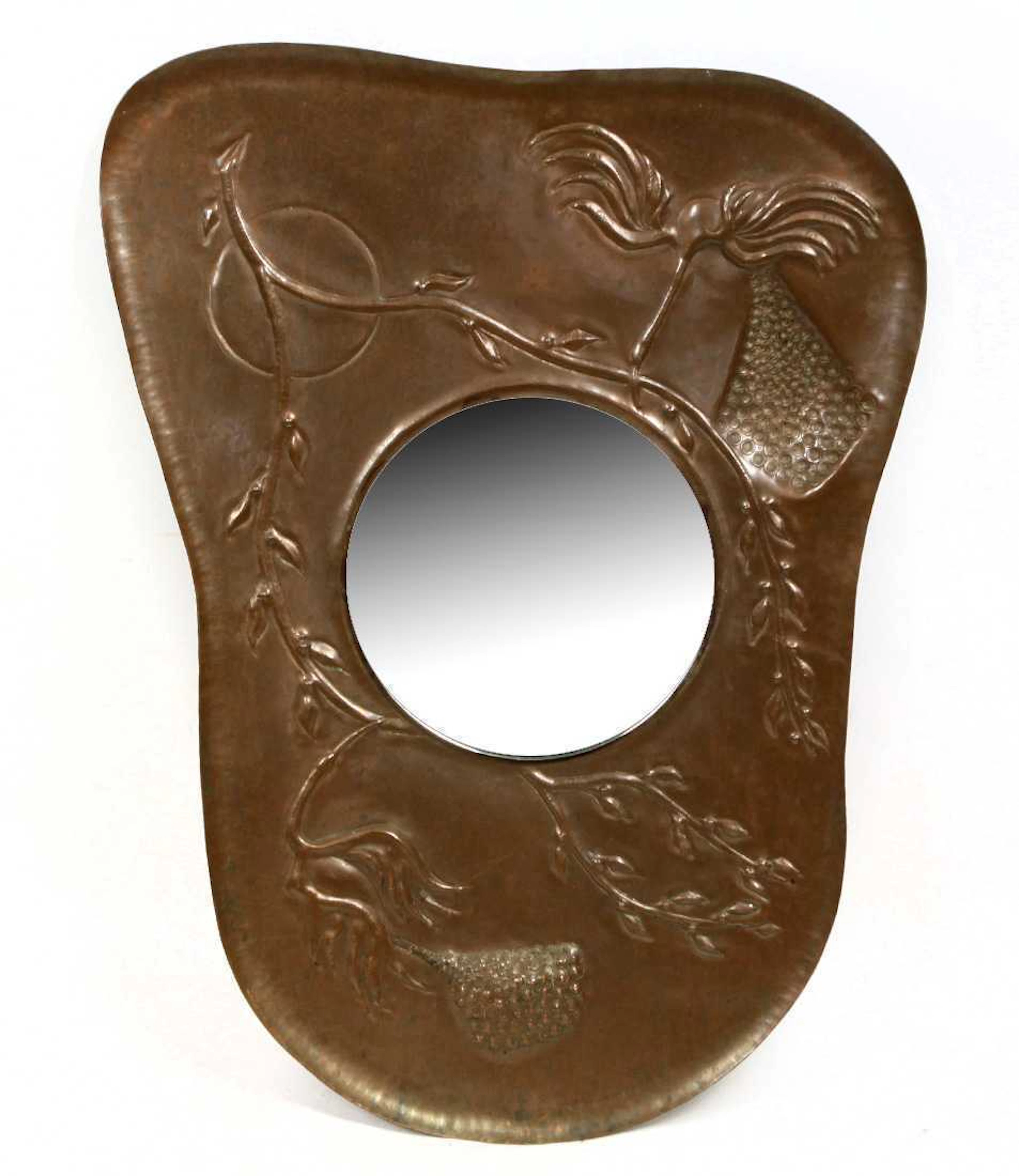 ANTIK SPIEGEL KUPFERSPIEGEL, WANDSPIEGEL MIT ZWEIGDEKOR, HANDARBEIT.