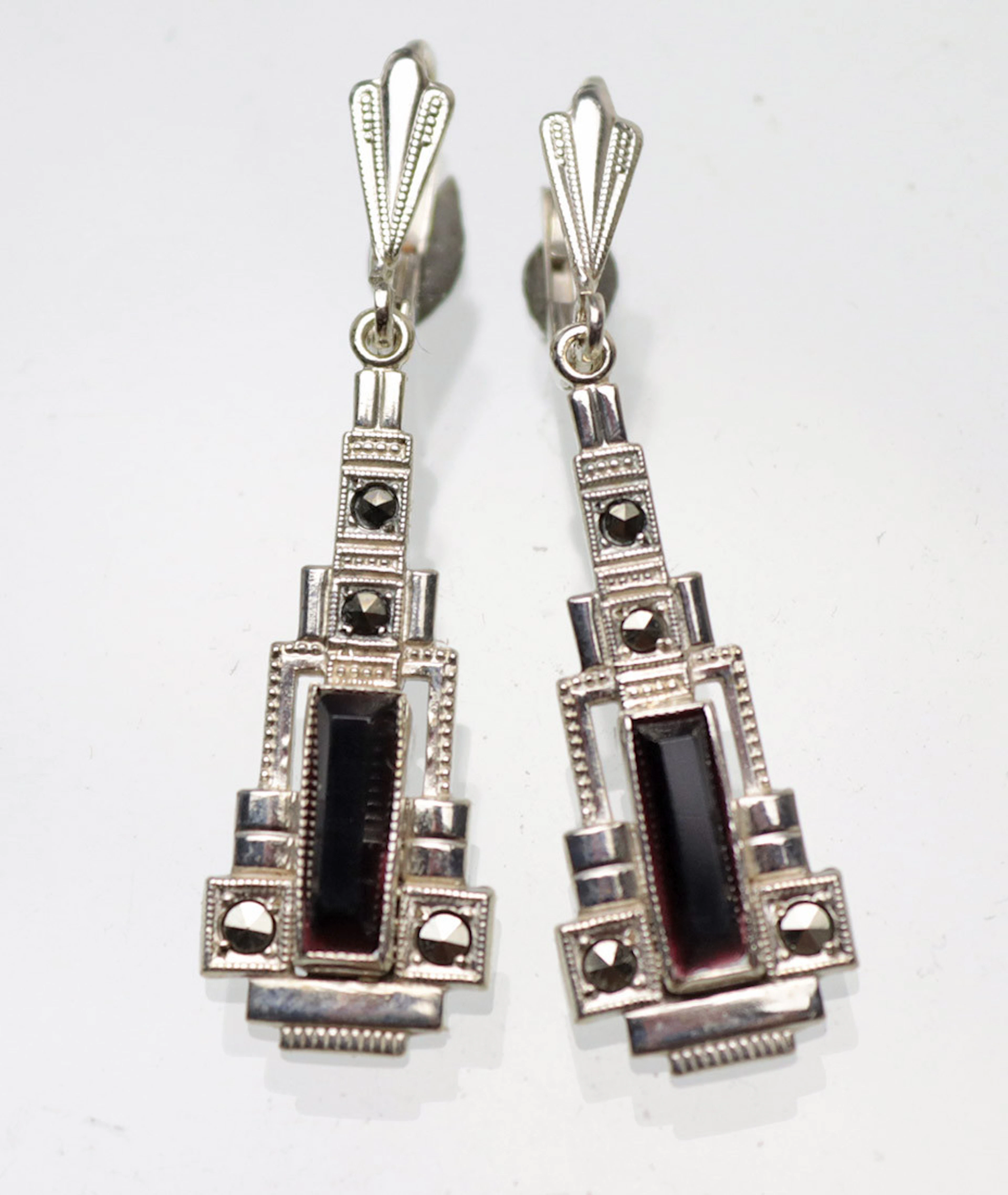 ART DECO OHRRINGE ONYX, Silber 800.