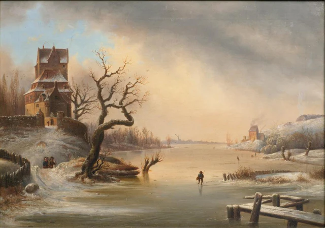 Gerhardus Meijer (Hardenberg 1816 - Zwolle 1875). Winter Landscape with Skater.