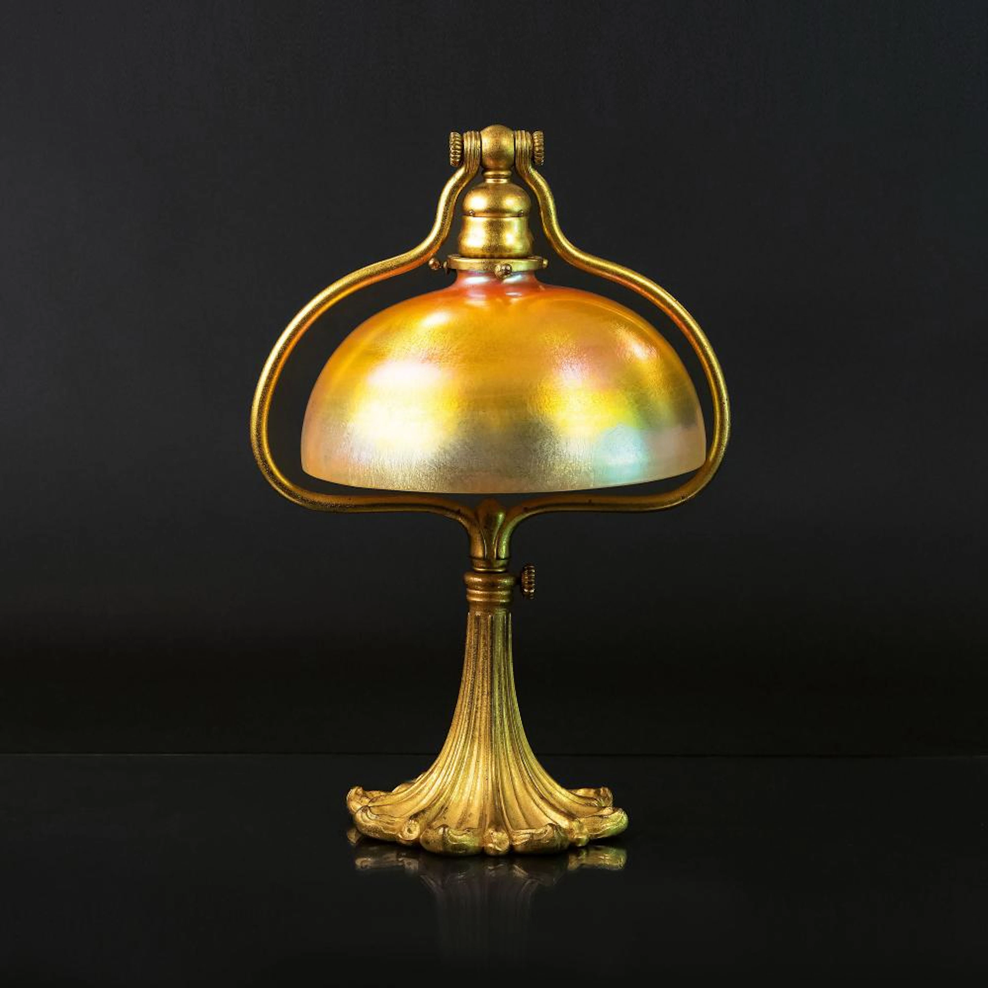 Tiffany Studios Harp Desk Lamp with Favrile Shade.