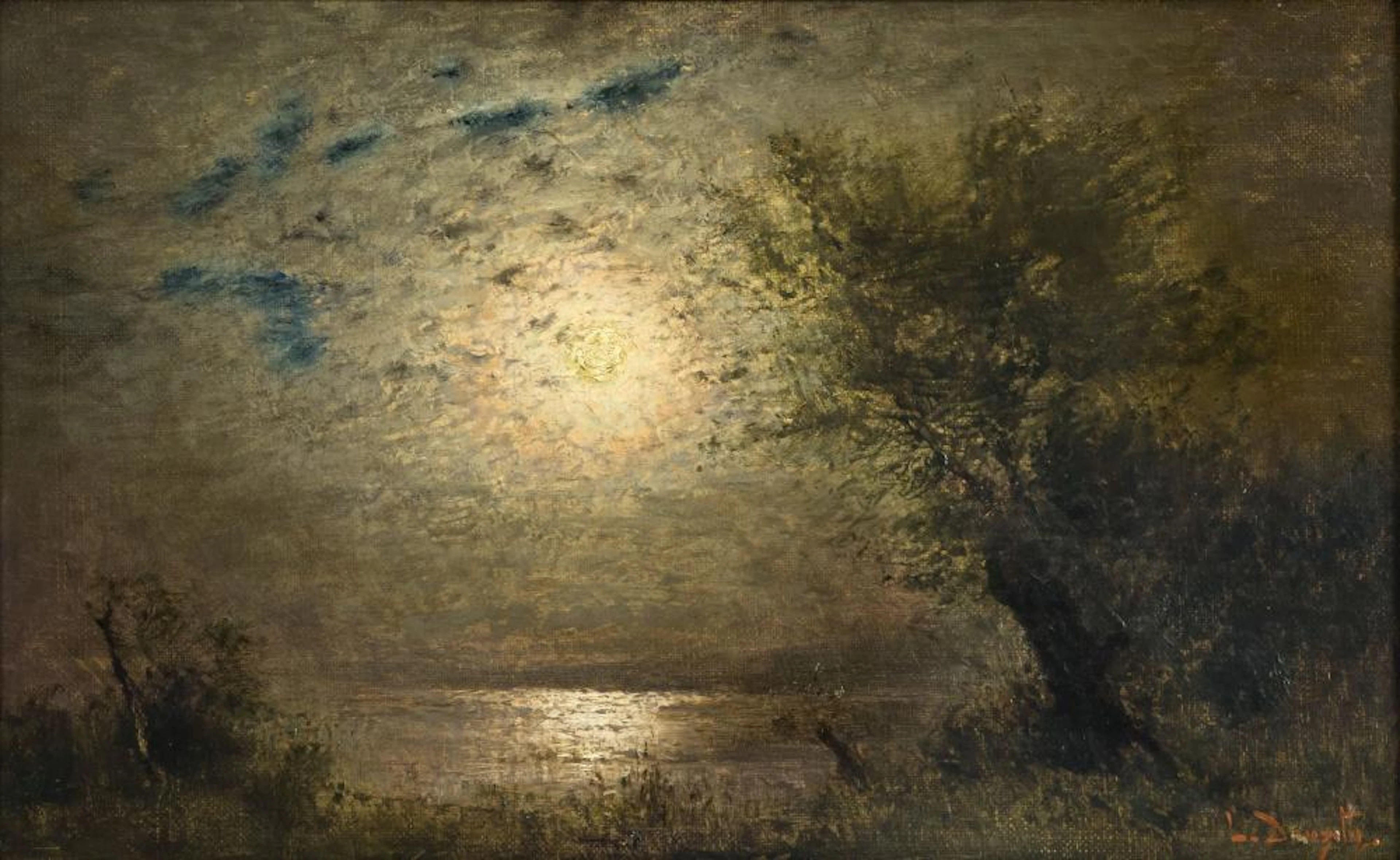 Louis Douzette (Tribsees 1834 - Barth 1924). Moon over the Baltic Sea.