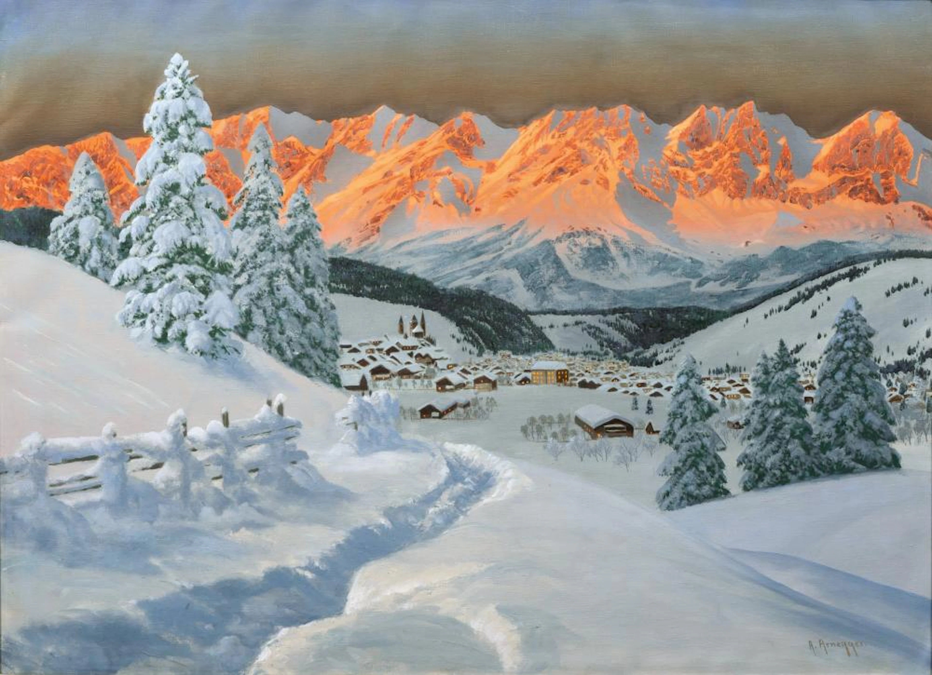 Alois Arnegger (Wien 1879 - Wien 1967). Alpenglow over Kitzbühel.