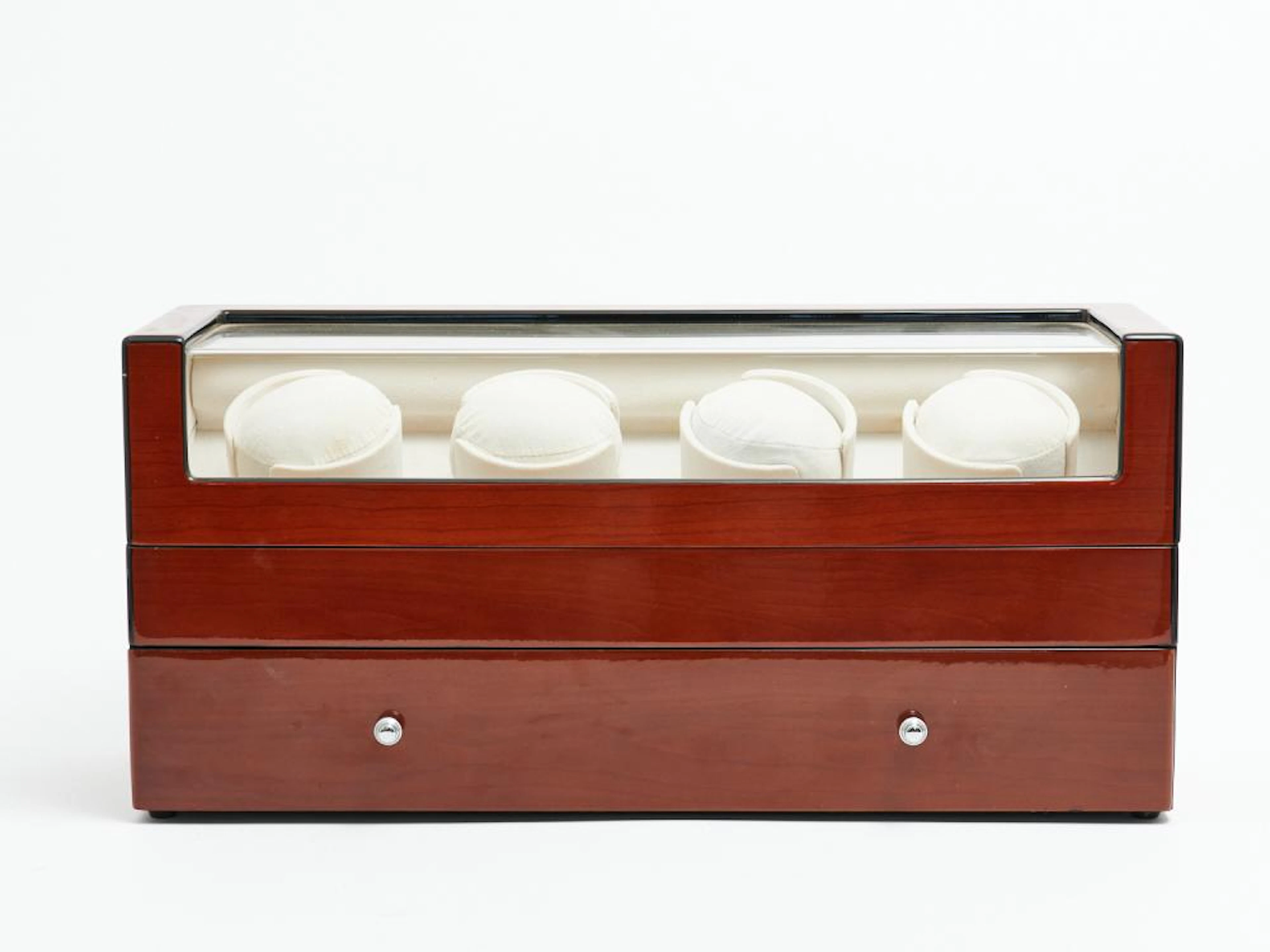 A CONTEMPORARY FOUR WATCH WINDER WITH LINED WATCH STORAGE DRAWER H.24CM X W.50CM