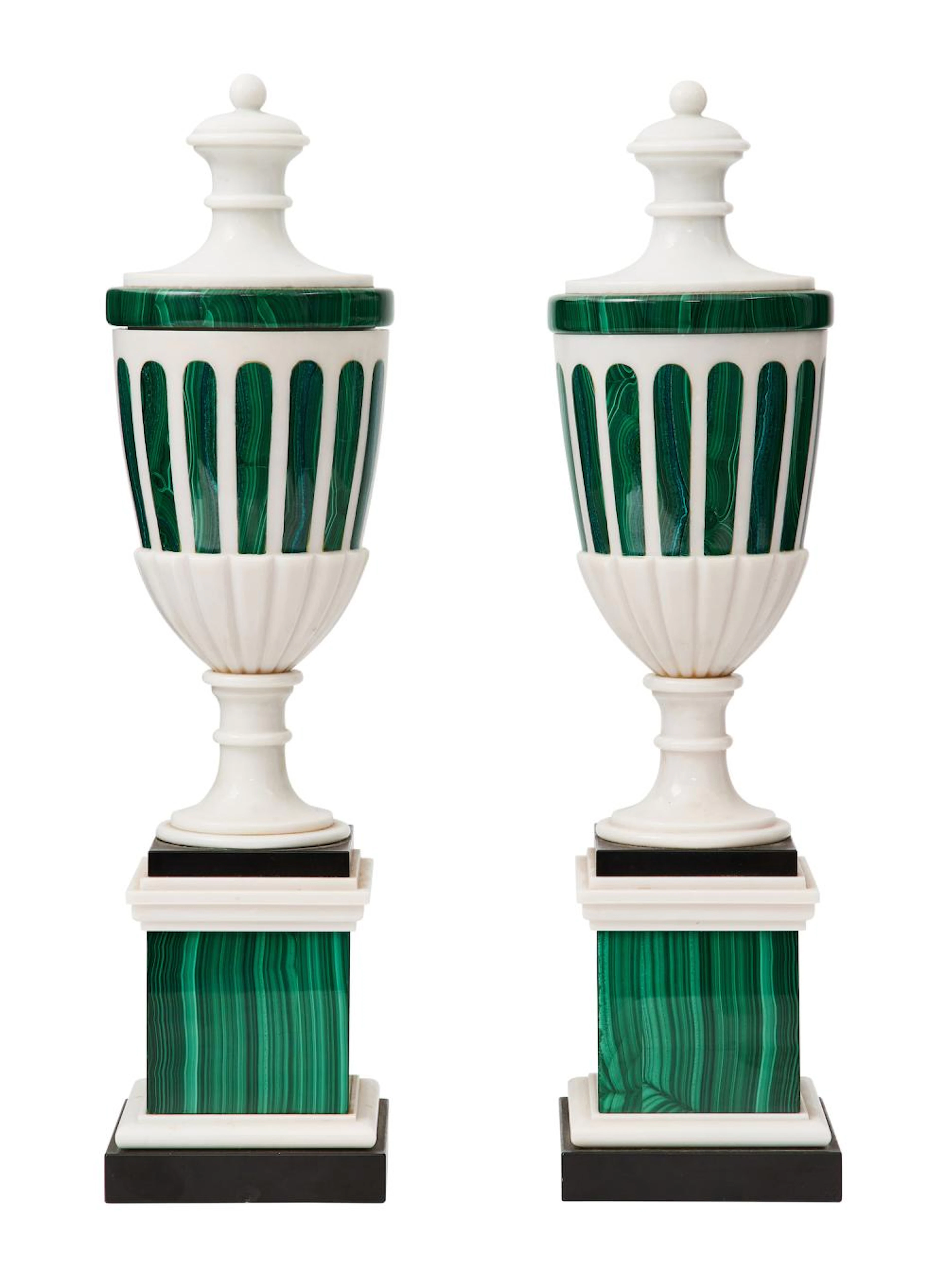 A PAIR OF WHITE MARBLE, MALACHITE AND SLATE CASSOLETTES