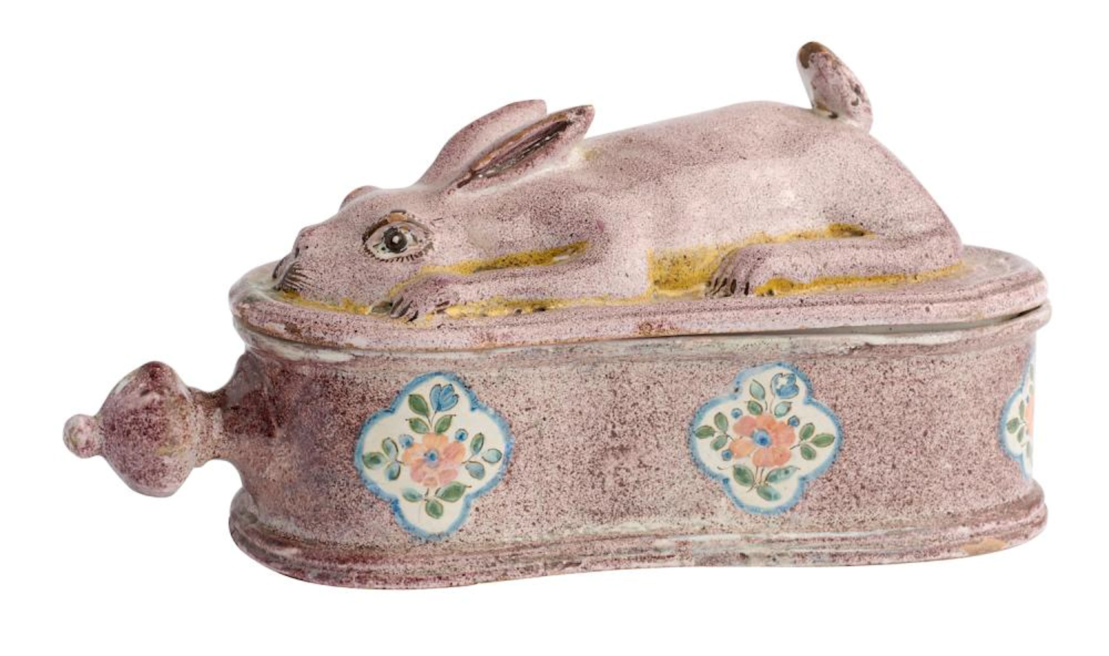 A BRUSSELS FAIENCE GAME PIE DISH AND COVER IN FORM OF A RABBIT
