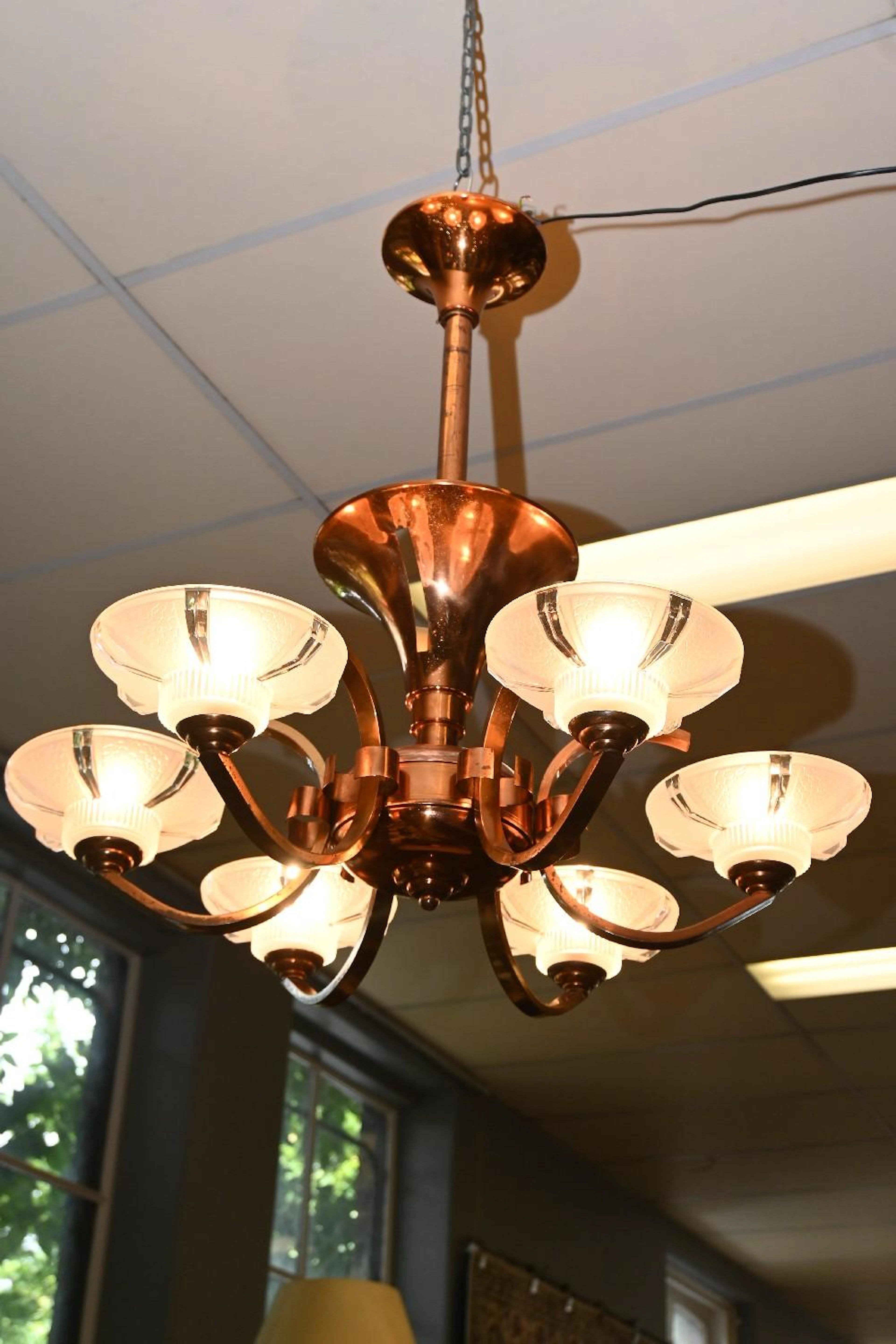 A SIX GLOBE ART DECO COPPER FRENCH CHANDELIER (84H X 77...