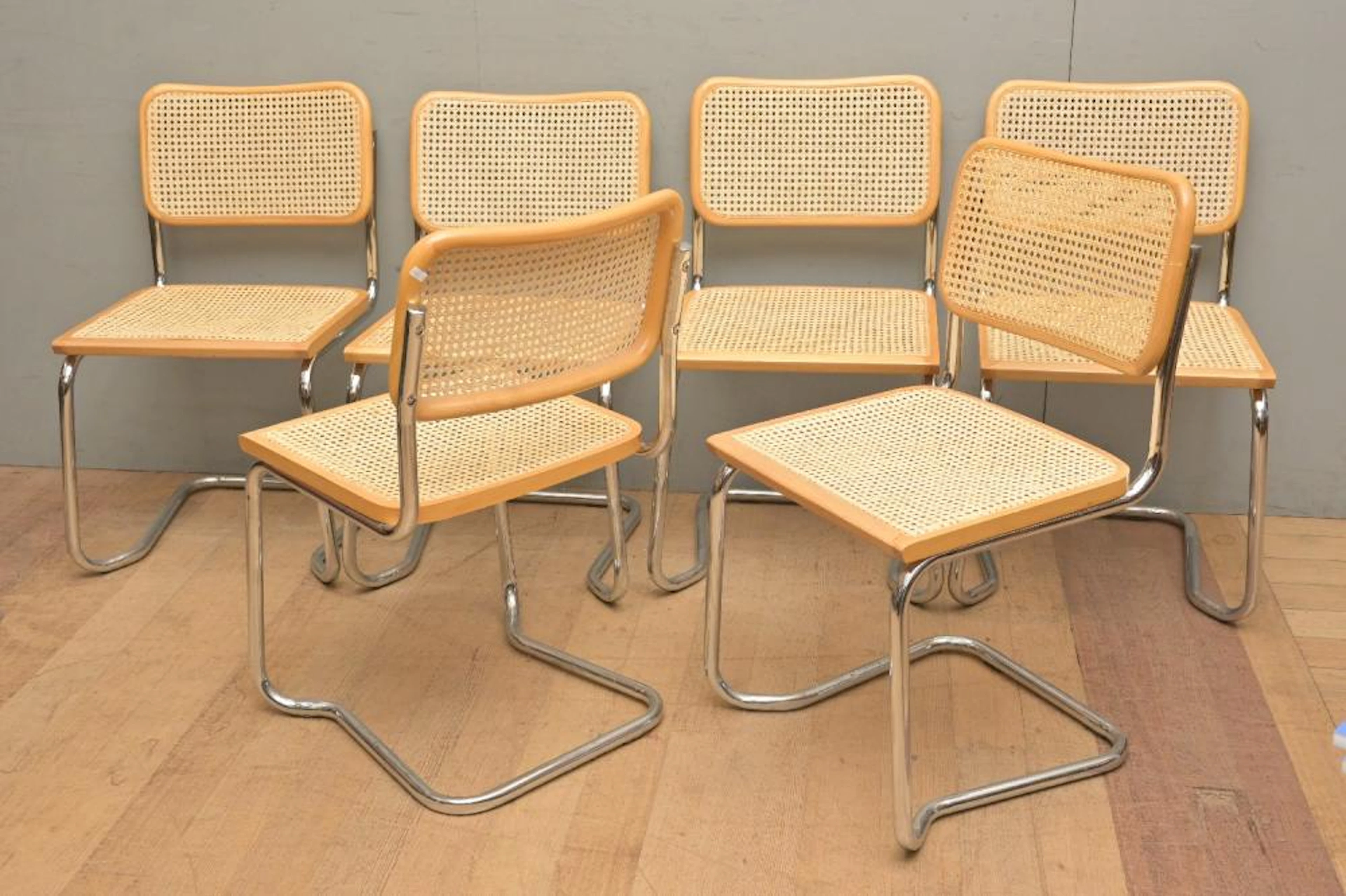 A SET OF SIX ITALIAN CESCA STYLE DINING CHAIRS (86H X 46W...