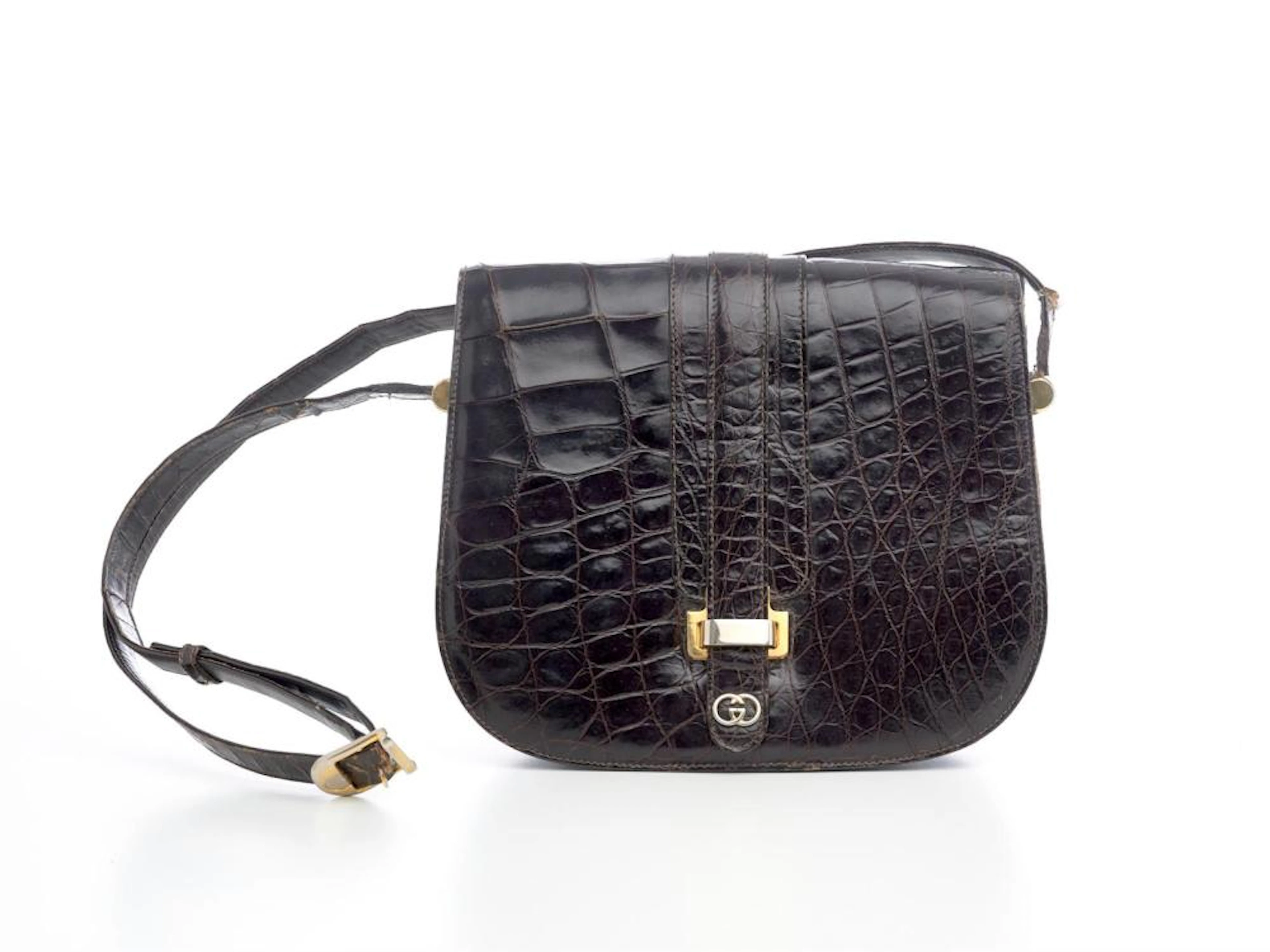 GUCCI, VINTAGE CROCODILE BAG FEATURING FRONT FLAP AND GOLD TONE HARDWARE