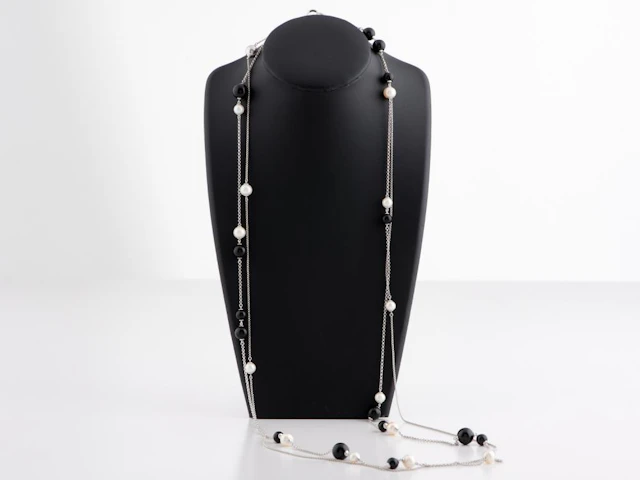 A PEARL AND ONYX DOUBLE STRAND NECKLACE IN STERLING SILVER BY GEORGE JENSEN