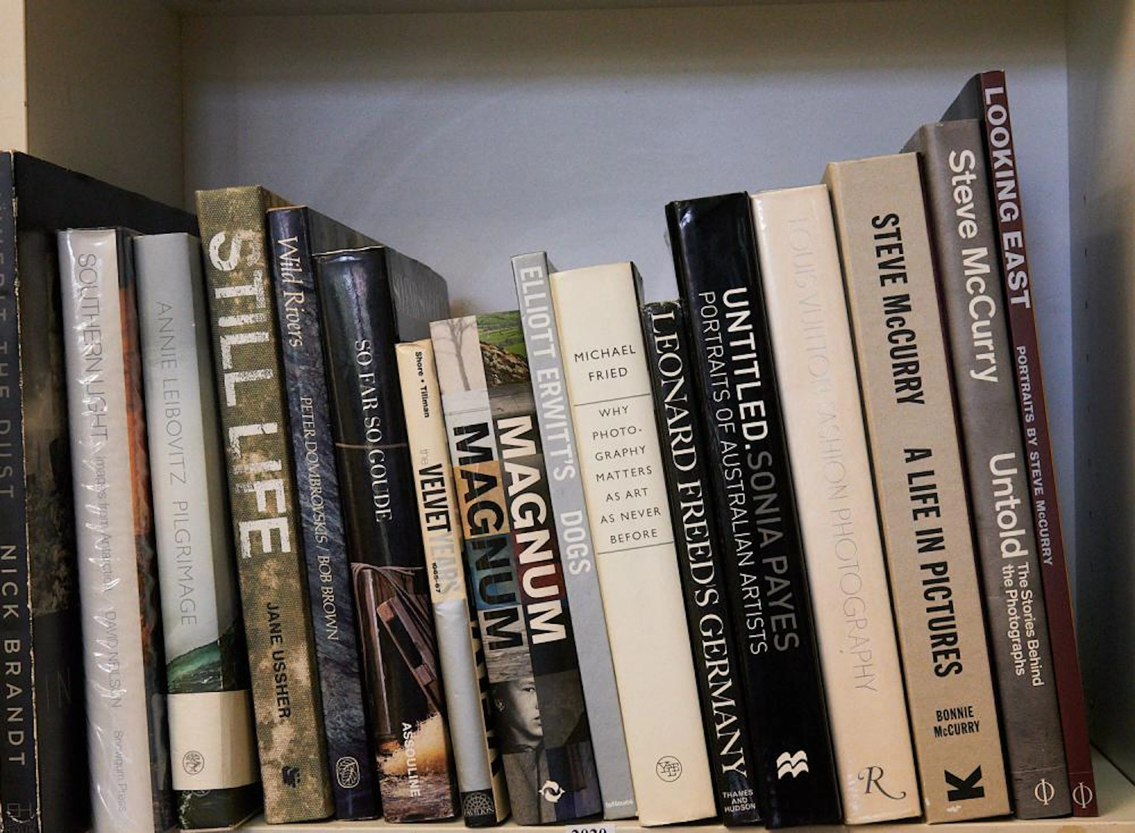 A SHELF OF PHOTOGRAPHY REFERENCE INCLUDING LEIBOVITZ 'PILGRIMAGE'