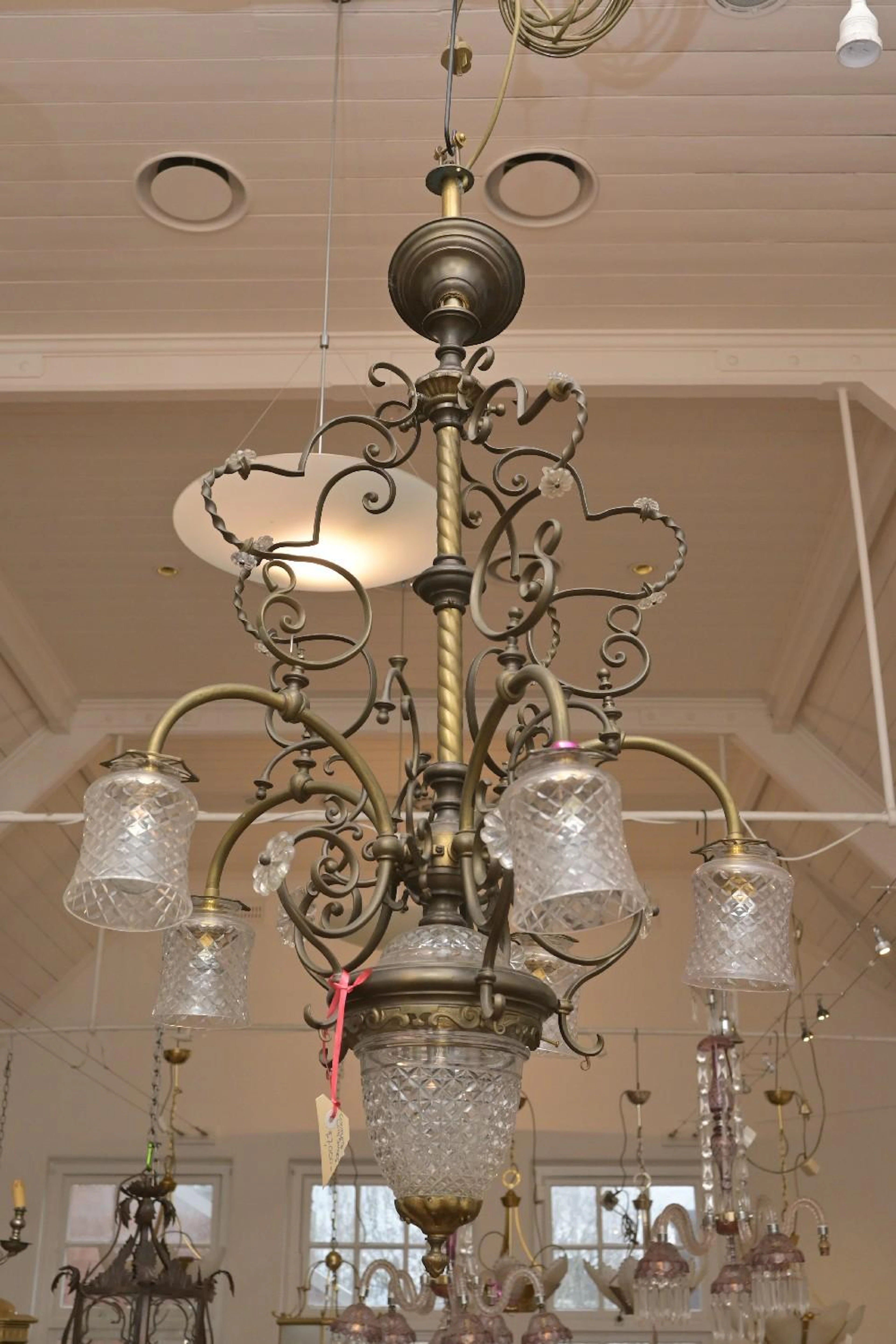 A 19TH CENTURY STYLE SIX GLOBE PRESSED GLASS AND BRASS...