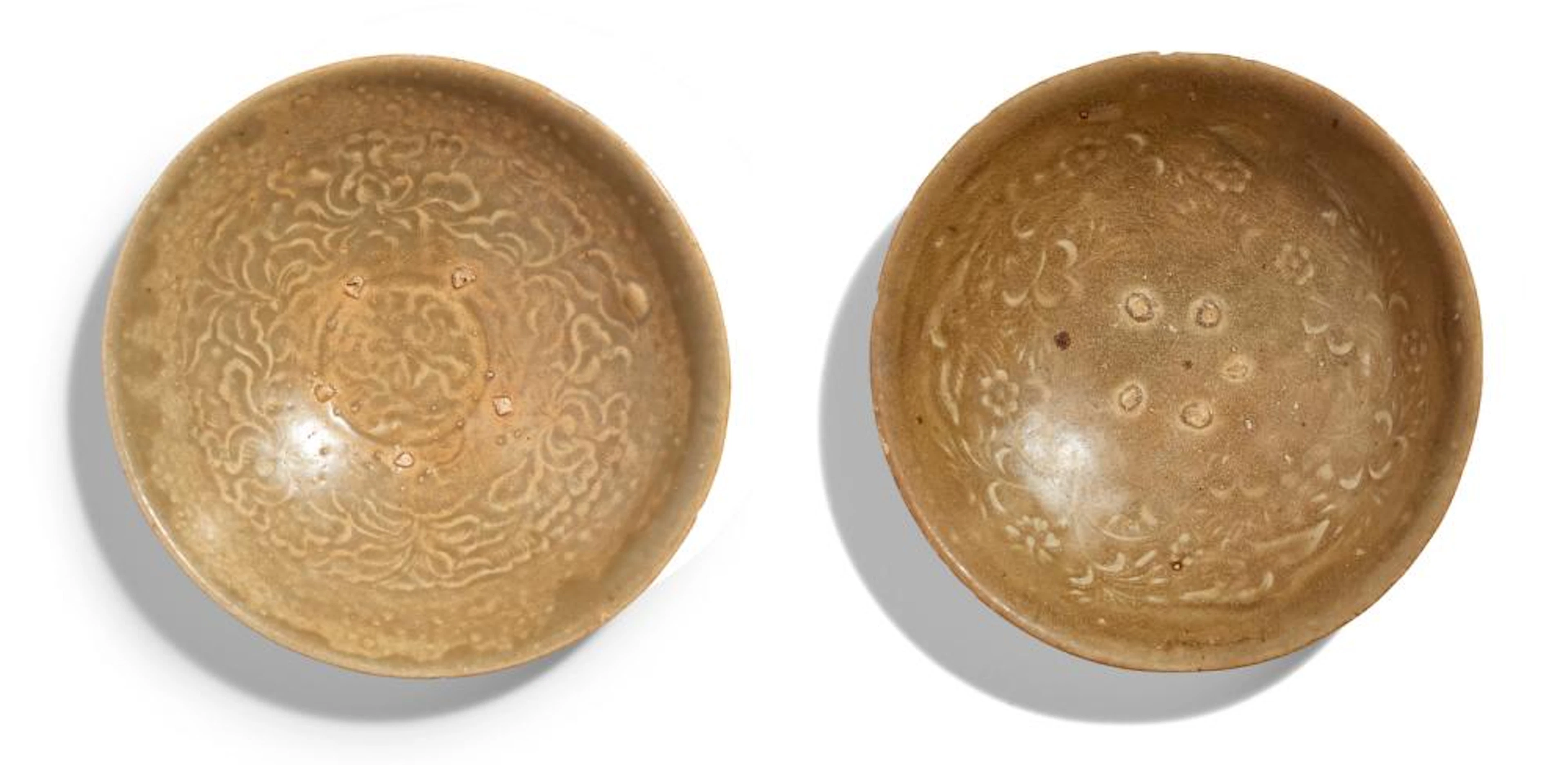 TWO VIETNAMESE MOULDED CELADON BOWLS