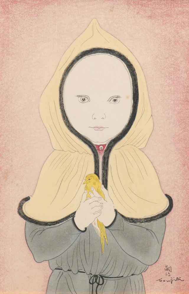 'GIRL WITH CANARY' AN IMPORTANT WOODBLOCK PRINT BY TSUGUHARU (LEONARD) FOUJITA