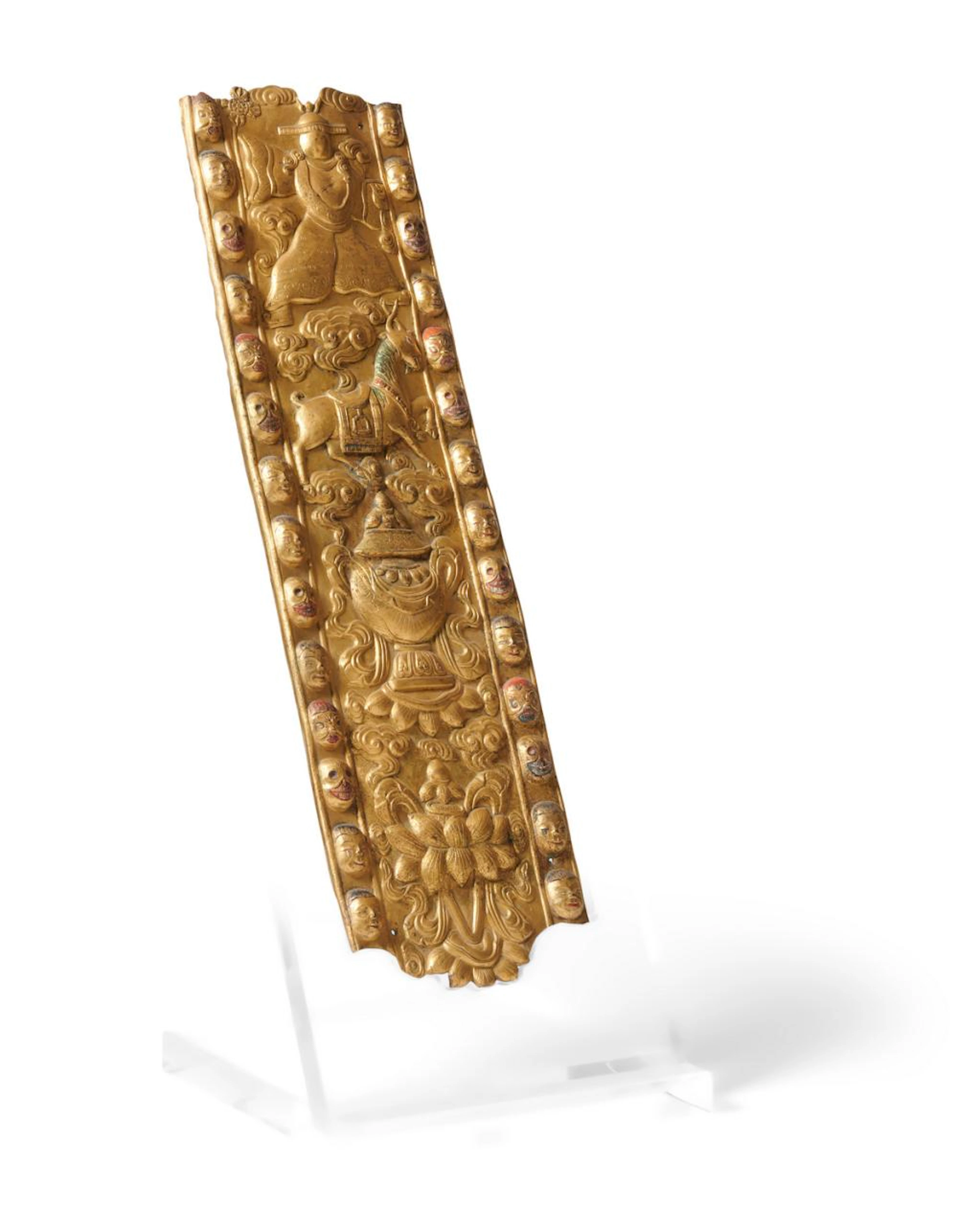 A MONGOLIAN GILT REPOUSSE PANEL DEPICTING DORJE LEGPA CIRCA 18TH/19TH CENTURY