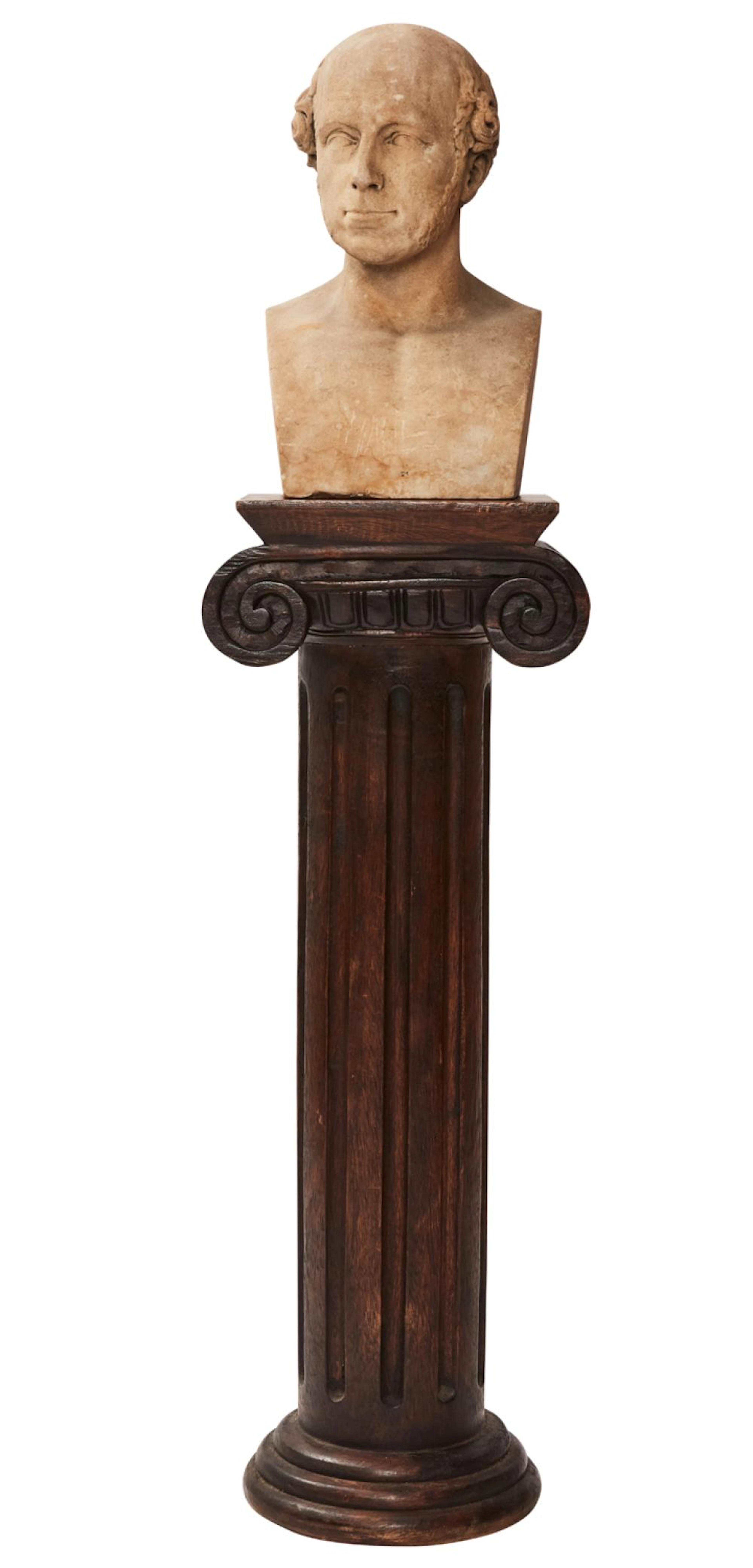 A VICTORIAN WHITE MARBLE BUST OF A BALD GENTLEMAN WITH MUTTONCHOPS