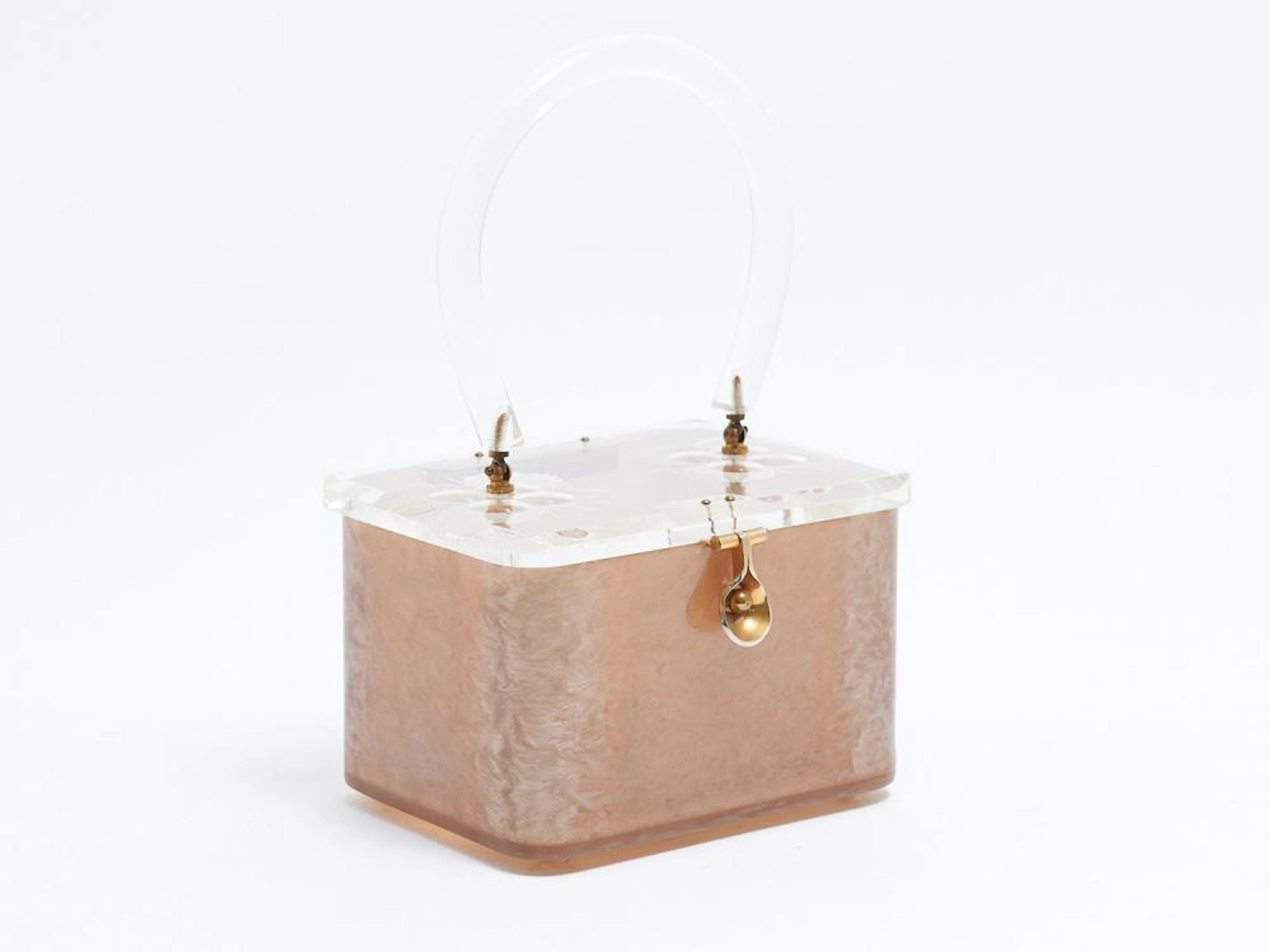 A FRENCH ART DECO LUCITE HANDBAG ENGRAVED TO HINGE