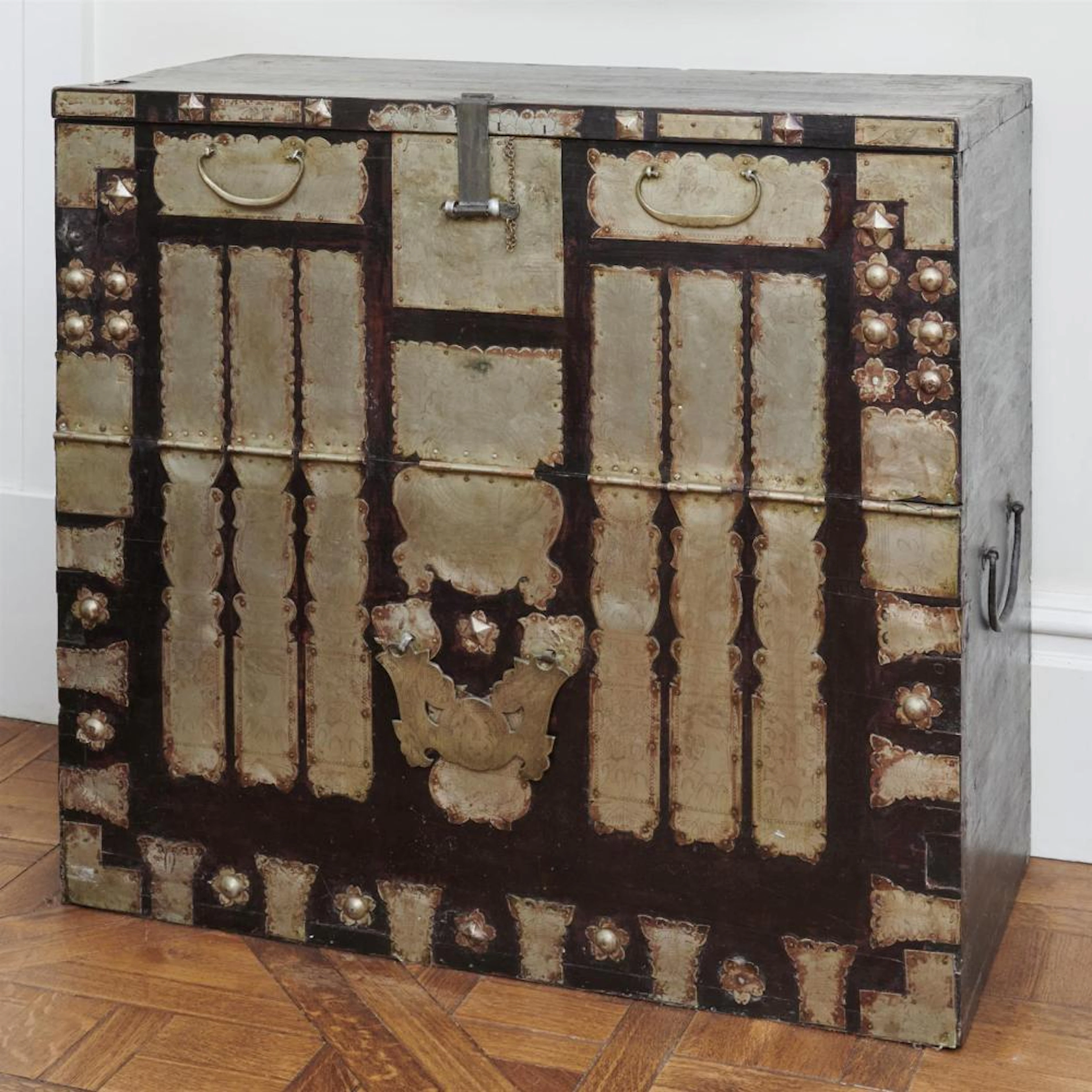 AN ANTIQUE KOREAN METAL-MOUNTED HARDWOOD CABINET 19th century