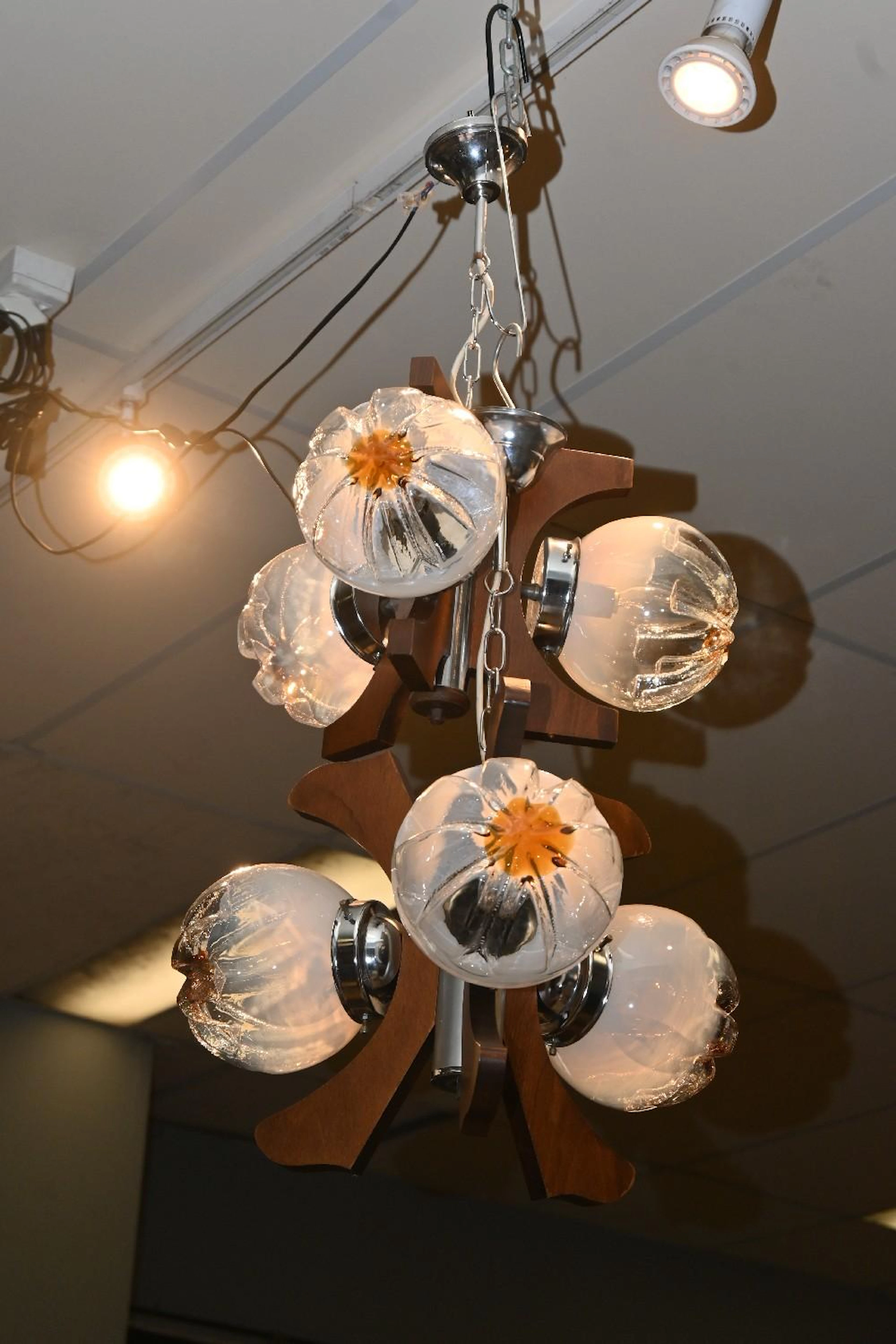 TWO THREE GLOBE 1970'S MAZZEGGA CHANDELIERS (60H X 45DIA...