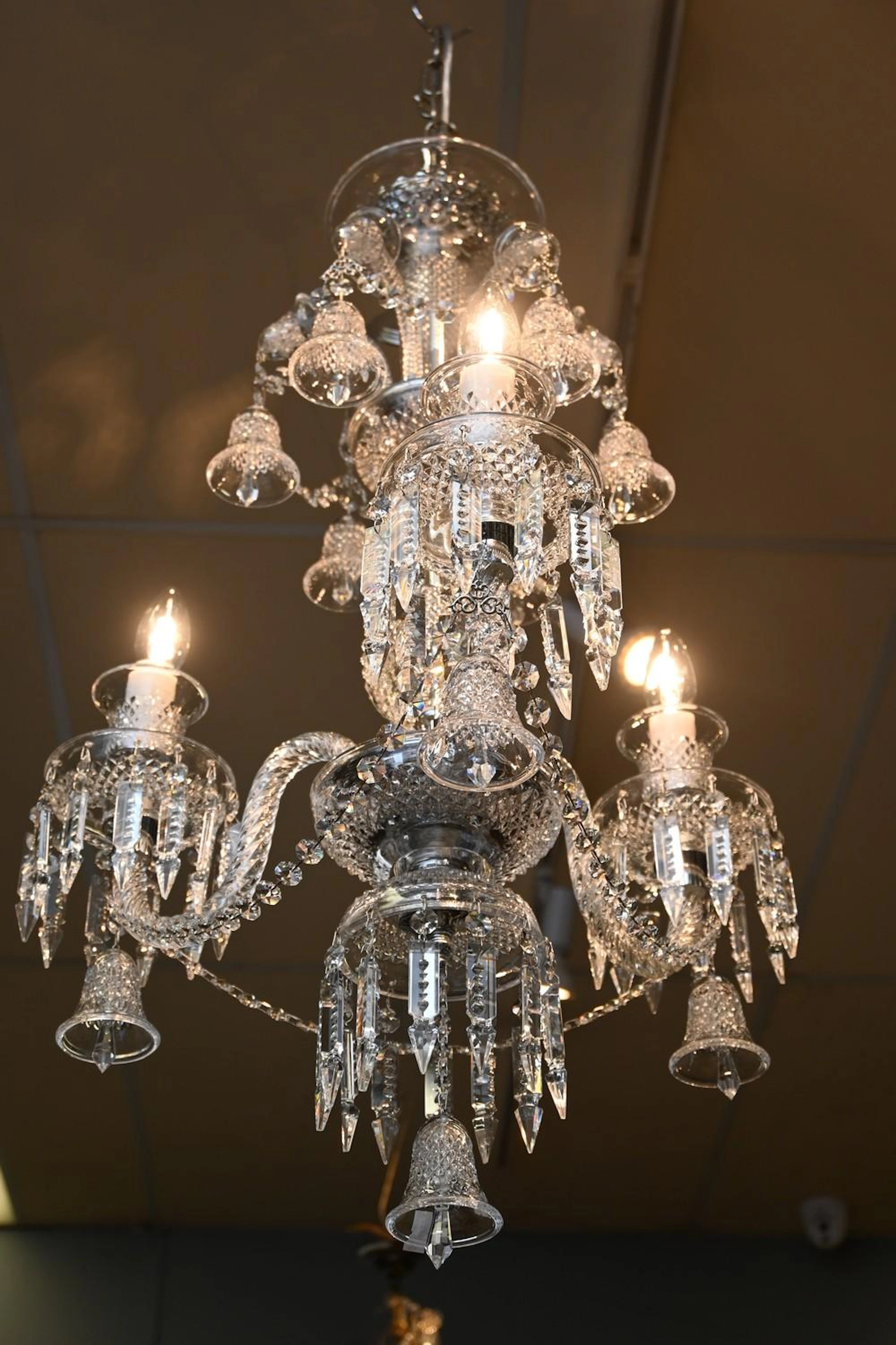 A THREE BRANCH TRADITIONAL HOBNAIL CRYSTAL CHANDELIER (...