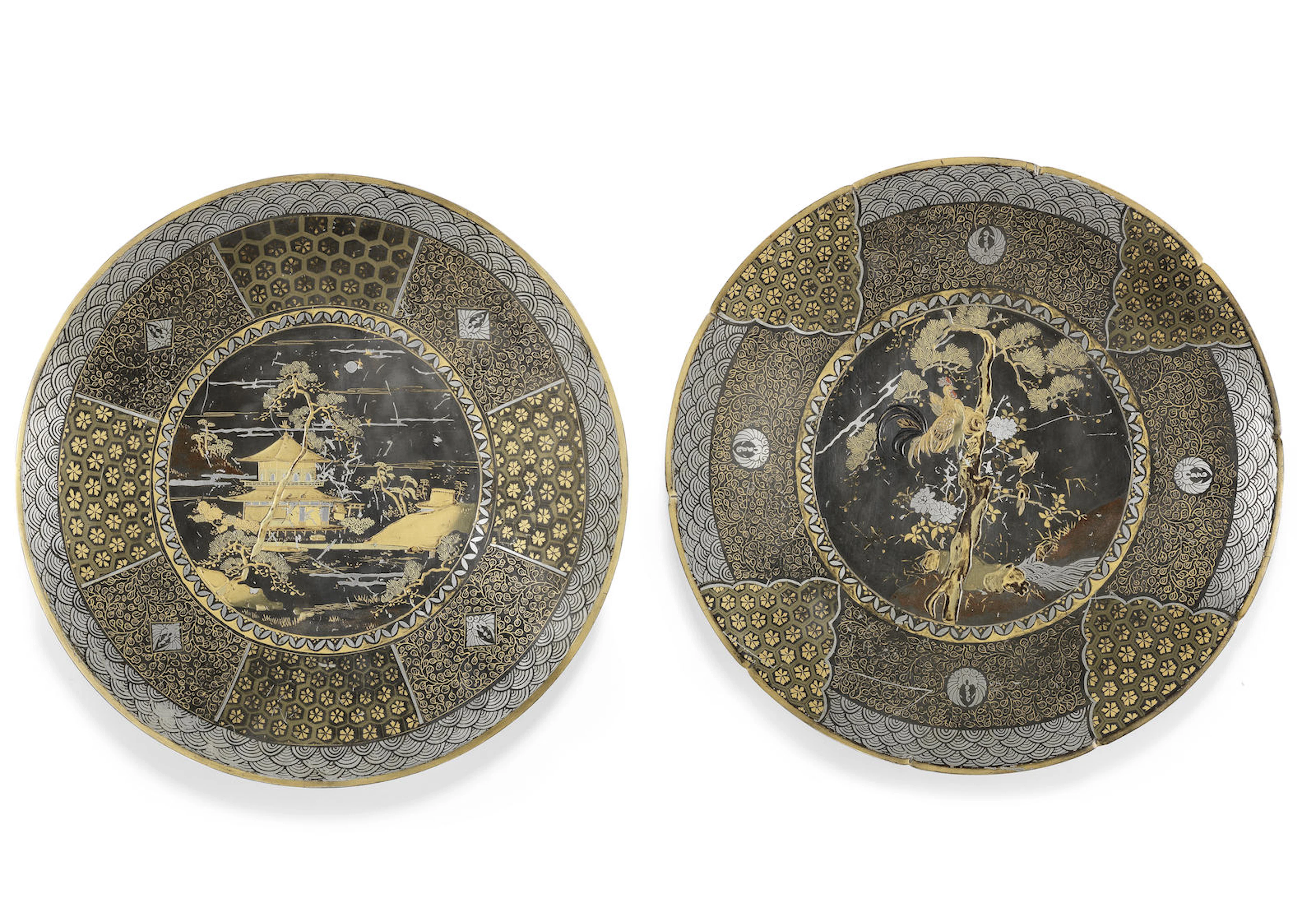 Two circular sentoku (brass) lacquered and etched plates
