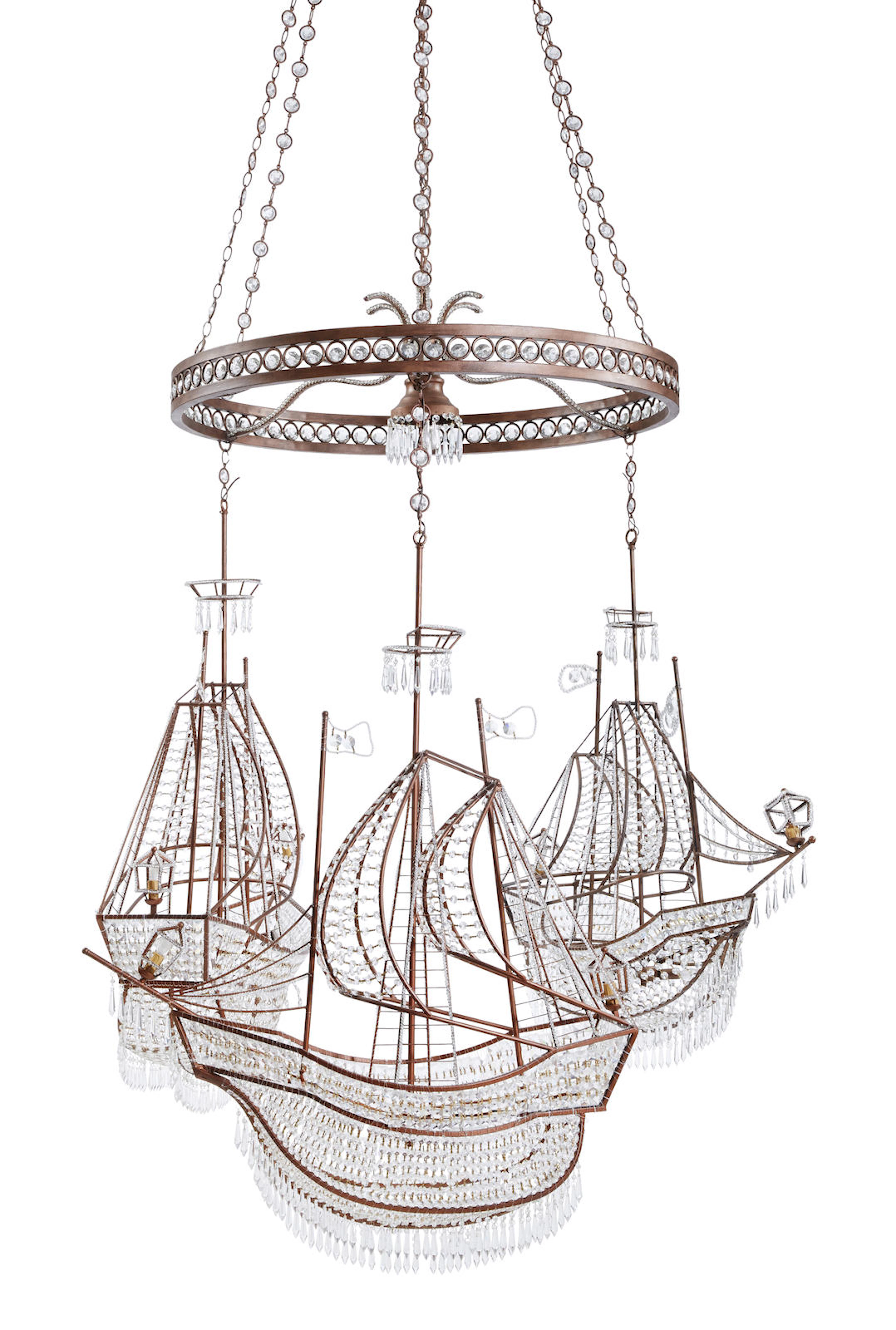 An imposing and whimsical painted metal cut and beaded glass nautical chandelier second half 20th century