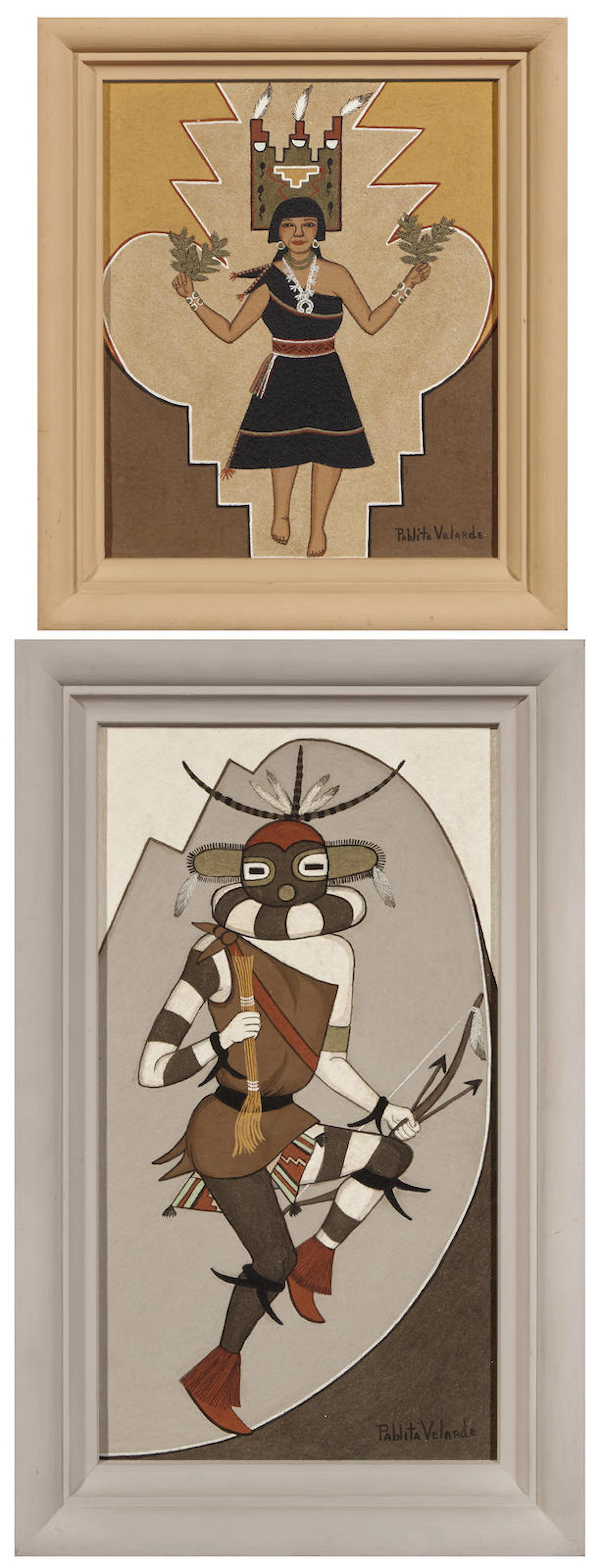 Two Pablita Velarde paintings size (sight) 11 1/4 x 9 1/4in and 17 1/2 x 9 1/2in