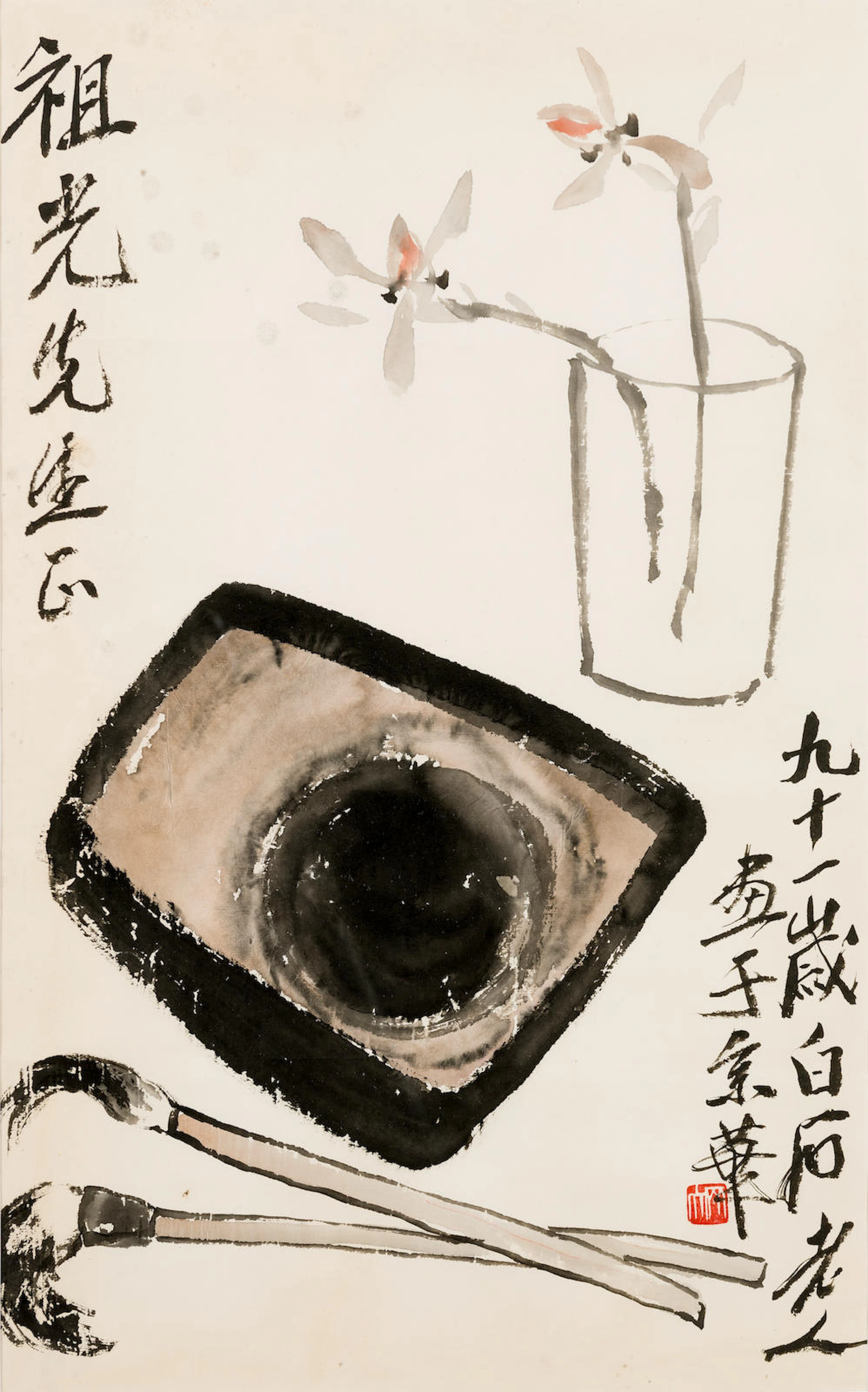 Orchid, Inkstone and Brushes