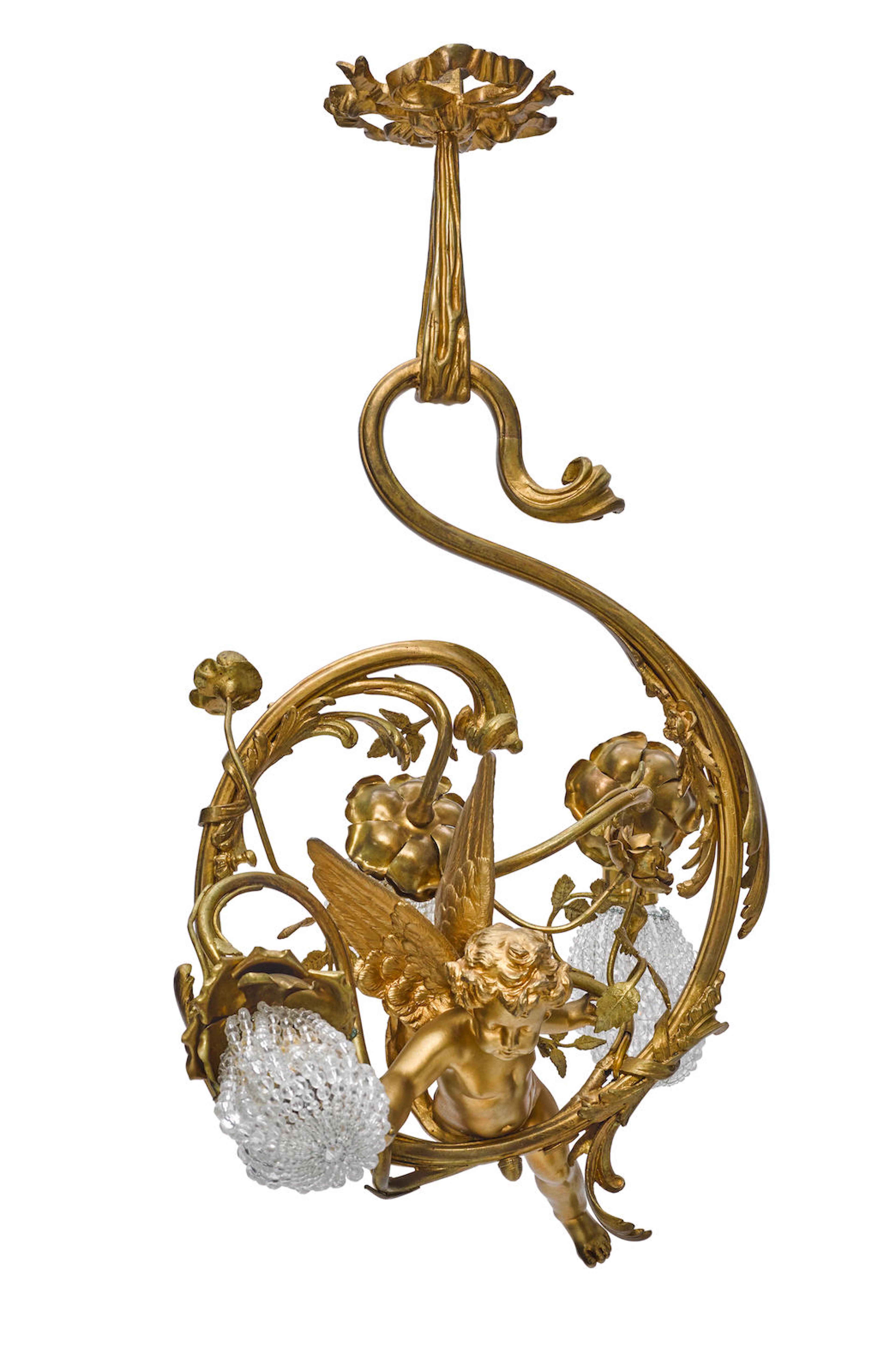 A French Belle Époque gilt bronze three light chandelier late 19th/early 20th century
