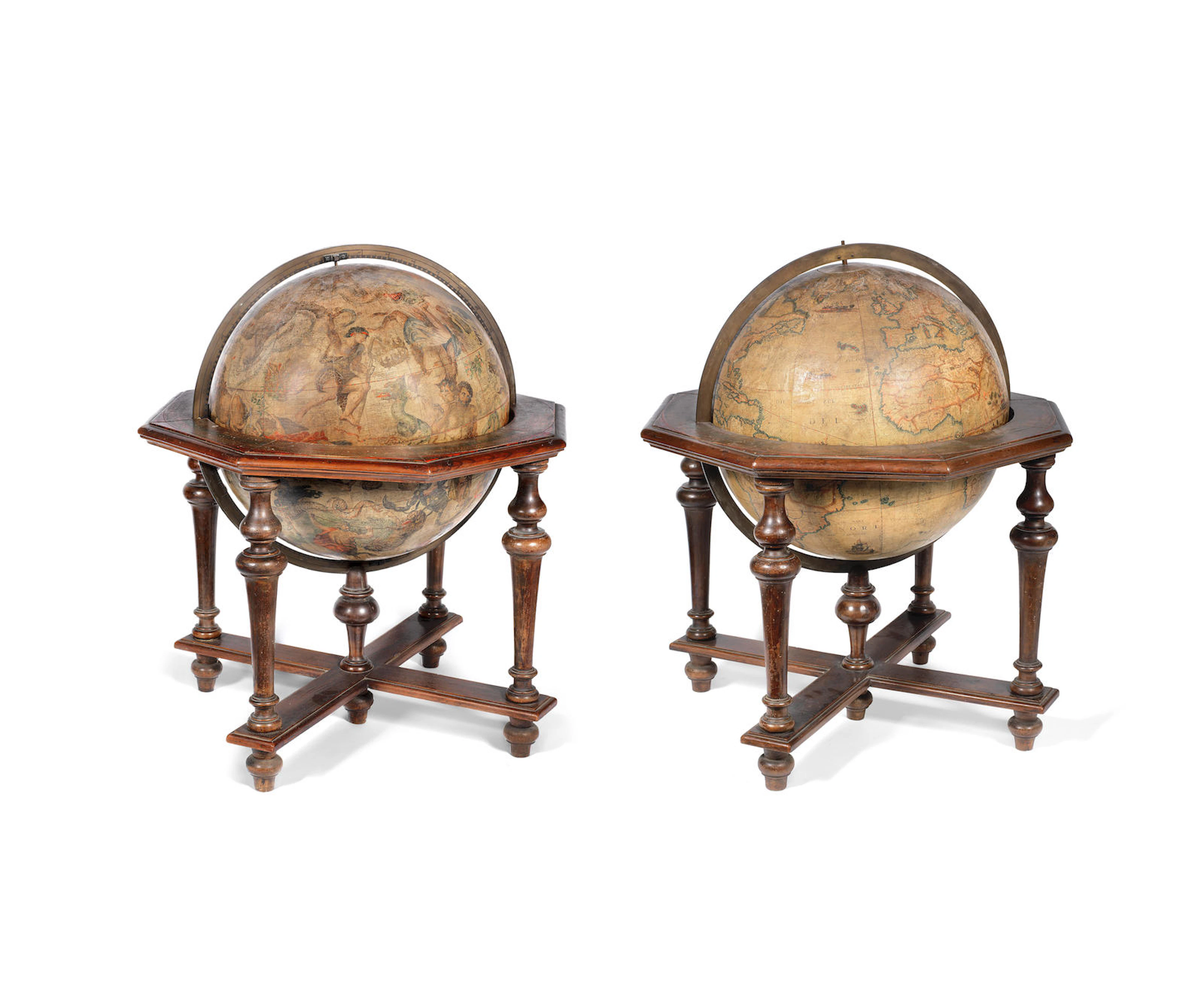 A RARE PAIR OF VINCENZO CORONELLI 18 1/2-INCH TERRESTRIAL AND CELESTIAL GLOBES on stands, ITALIAN, PUBLISHED 1696, (2)