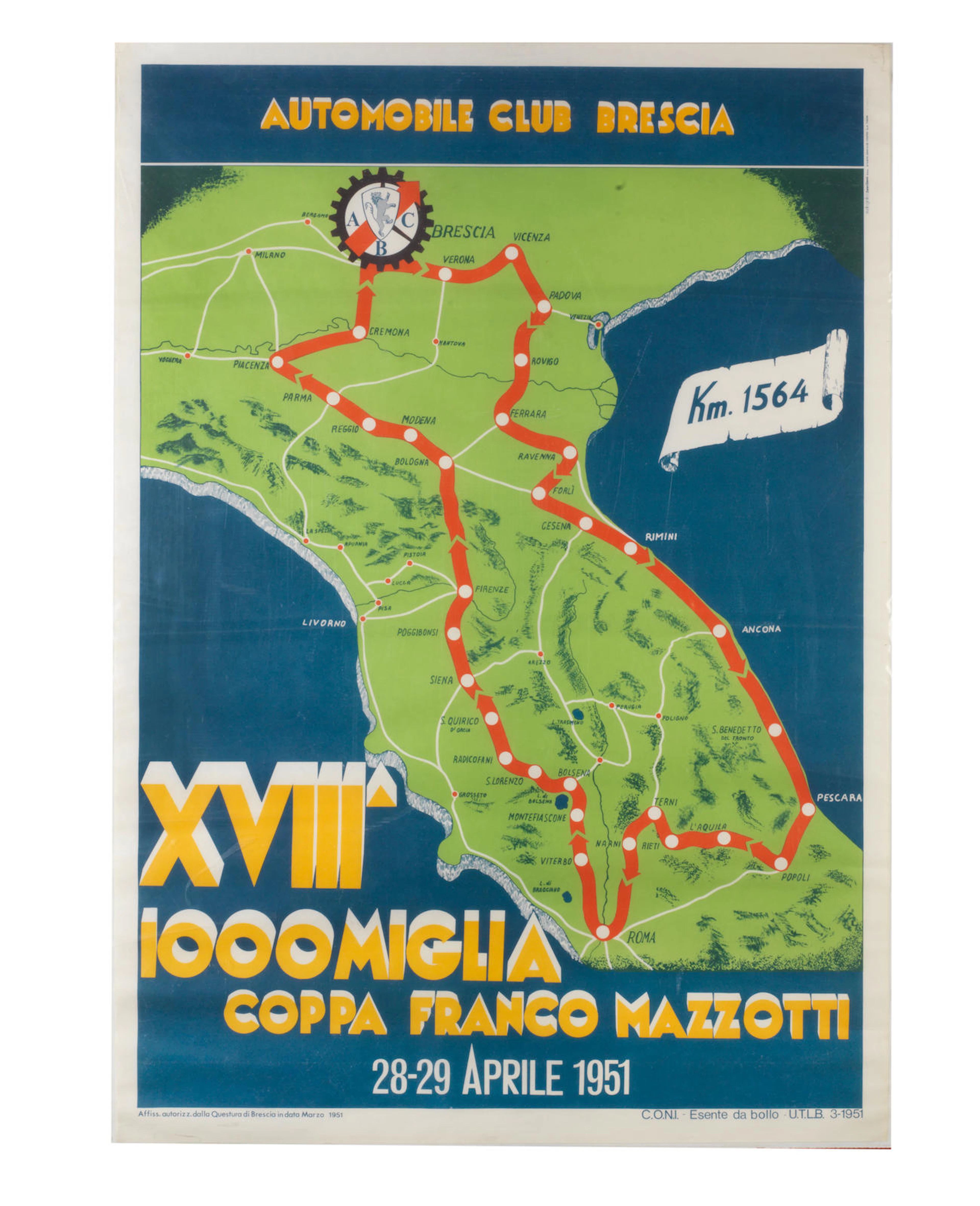 A rare 1951 'XVIII 1000 Miglia Coppa Franco Mazzotti' race poster, Italian,