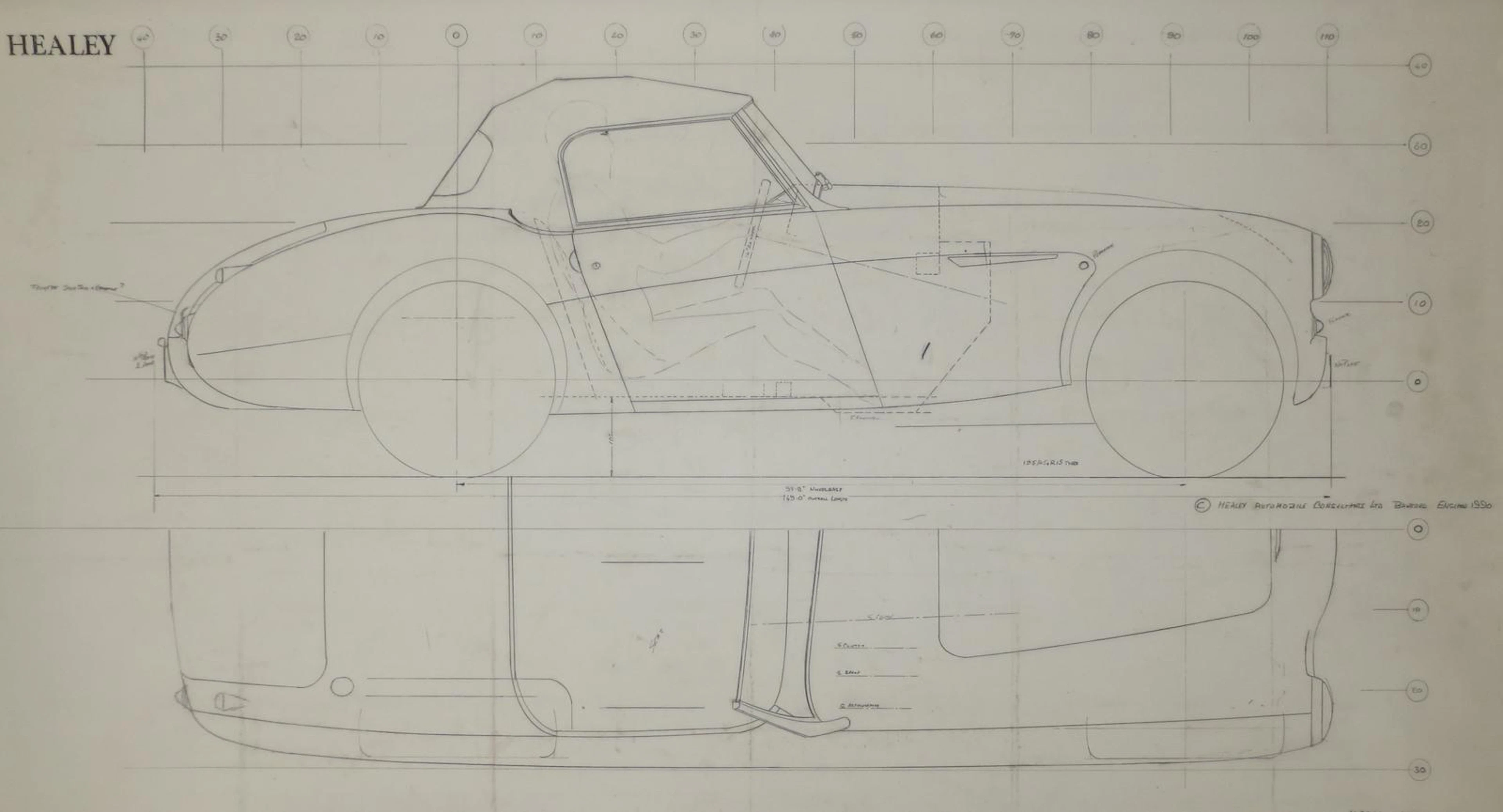Six Healey technical drawings, 1980-1991,
