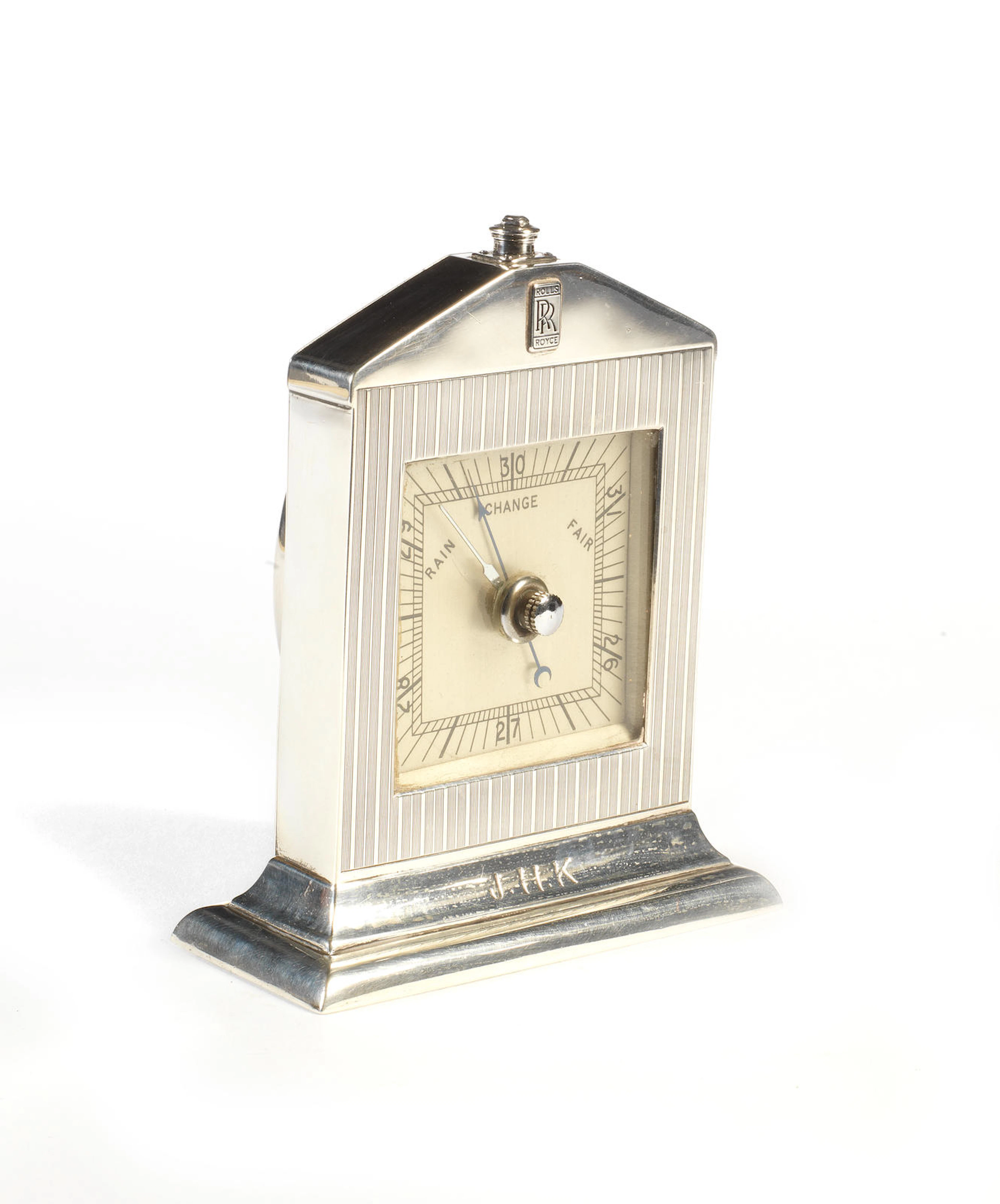 A sterling silver Rolls-Royce desk barometer by Saunders & Shepherd, presented as a Christmas gift 1933,