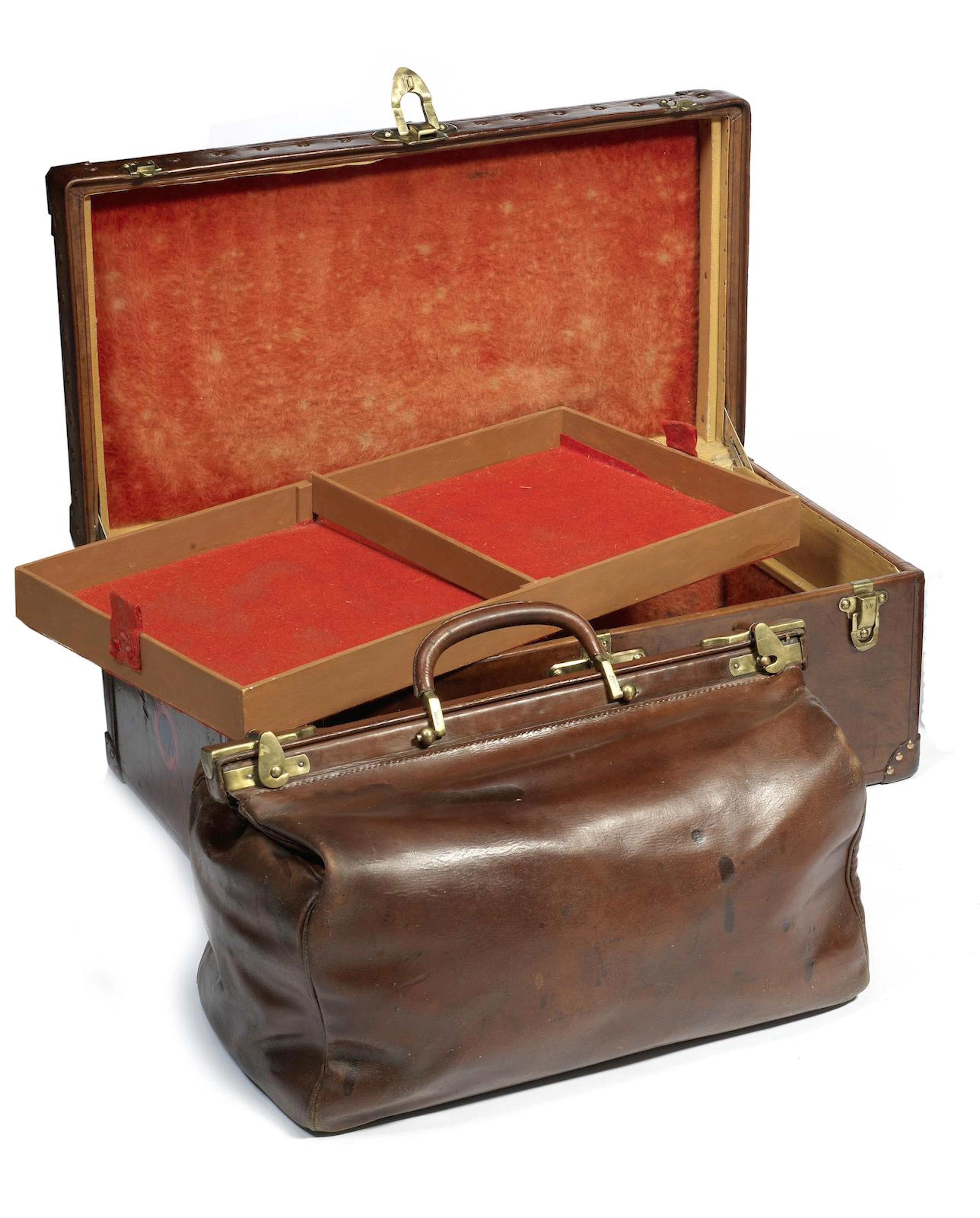A Louis Vuitton shoe trunk, circa 1910, and a Moynat Gladstone bag,