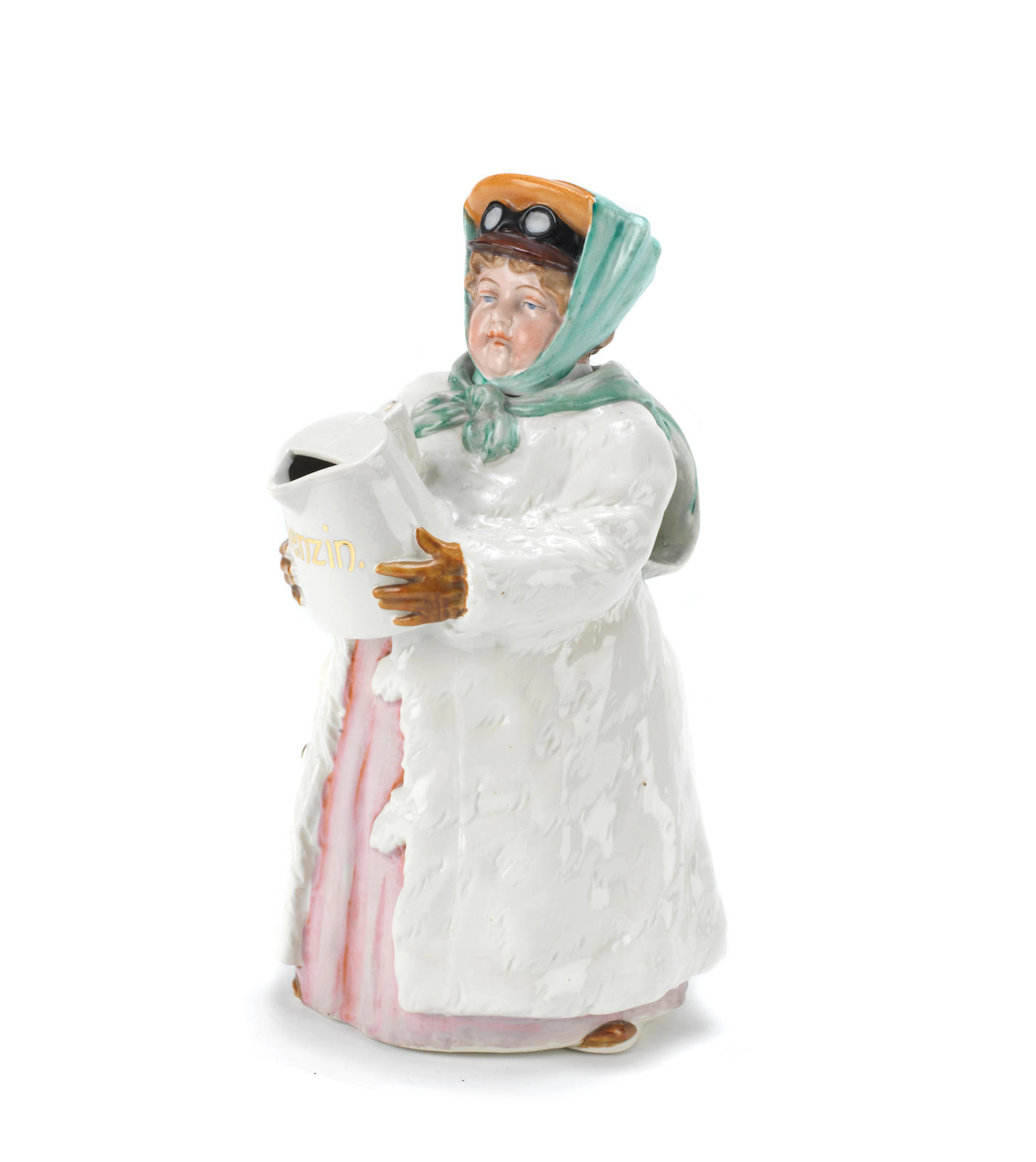 An early and rare 'Benzin' china motoring jug by Carl Tielsch, German, circa 1906,