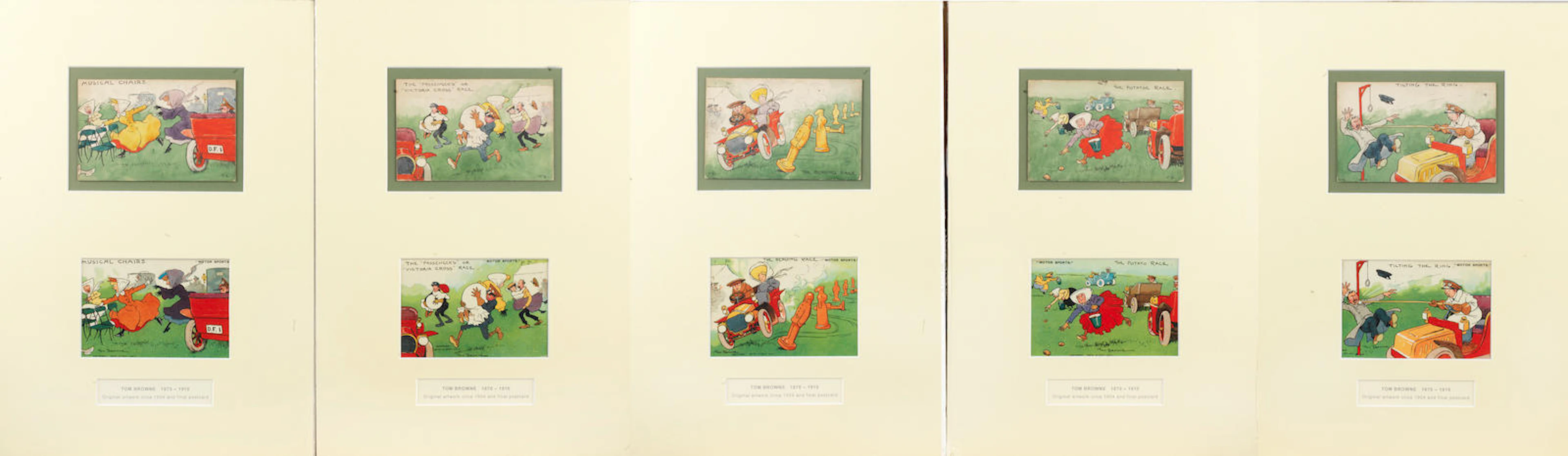 Tom Browne (1870-1910) Five 'Motorsport' postcard designs mounted with published postcards
