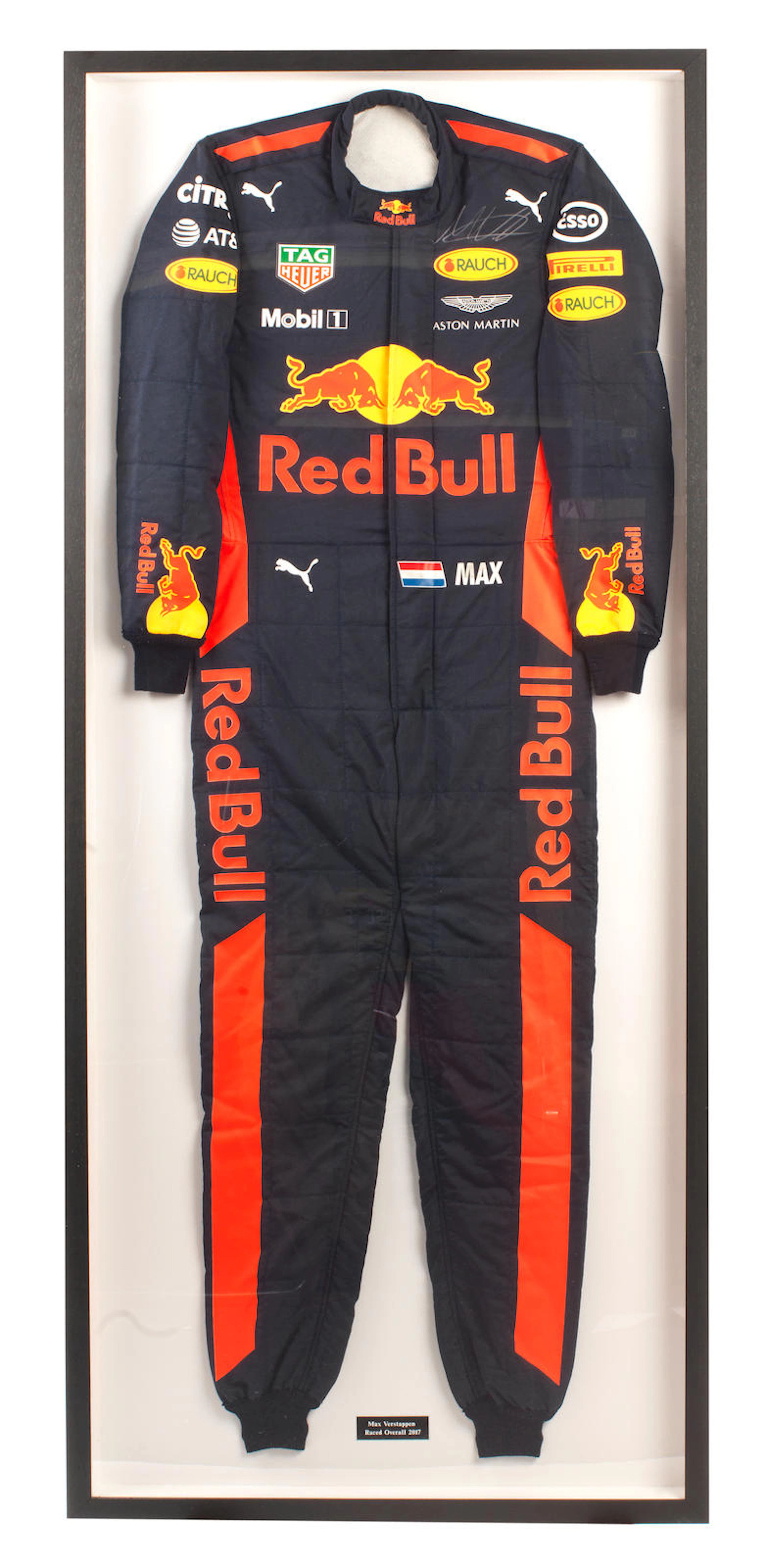 A set of signed Max Verstappen 2017 Formula 1 season Red Bull Racing race overalls, Offered for sale on behalf of Wings for Life,