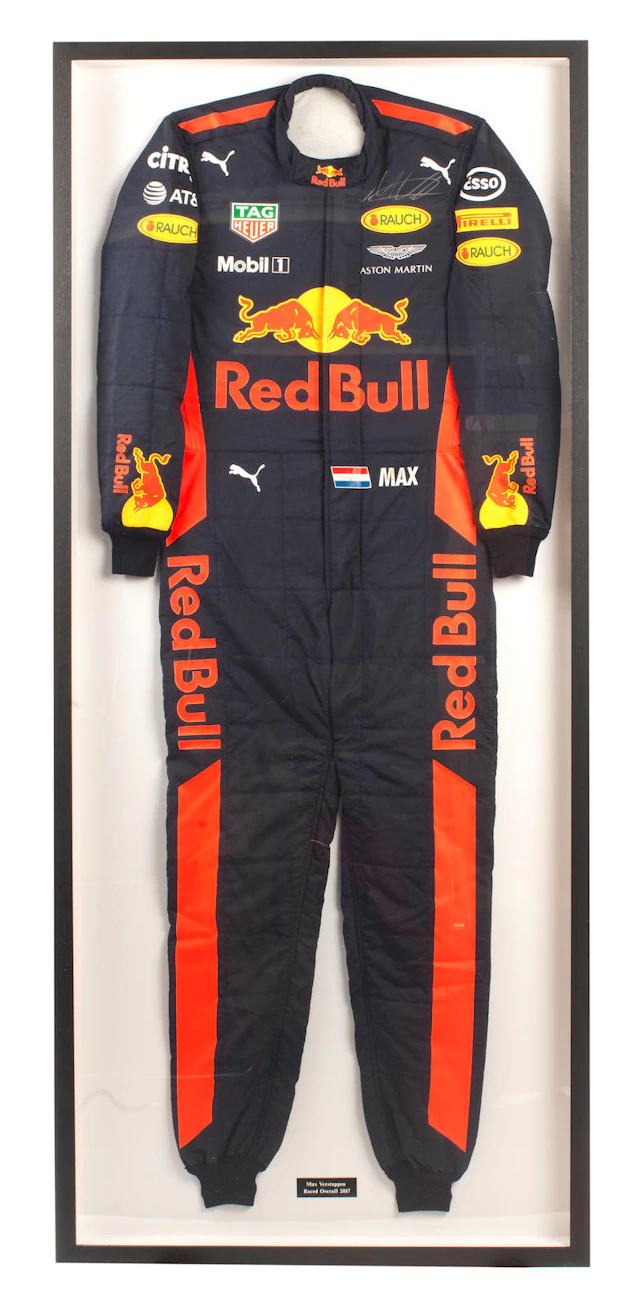 A set of signed Max Verstappen 2017 Formula 1 season Red Bull Racing race overalls, Offered for sale on behalf of Wings for Life,