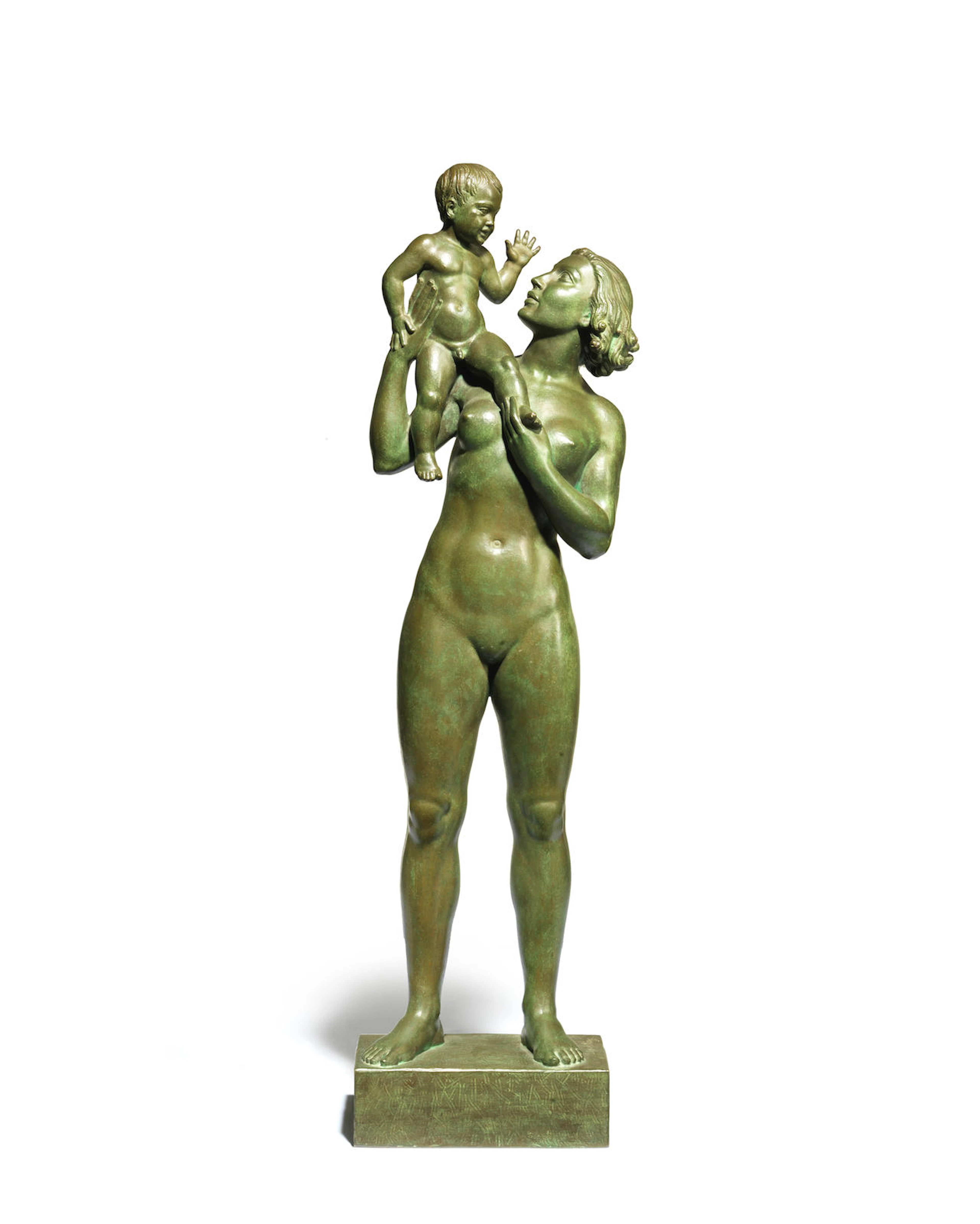 Olof Ahlberg (Swedish, 1876-1956): A green patinated bronze figural group of mother and child