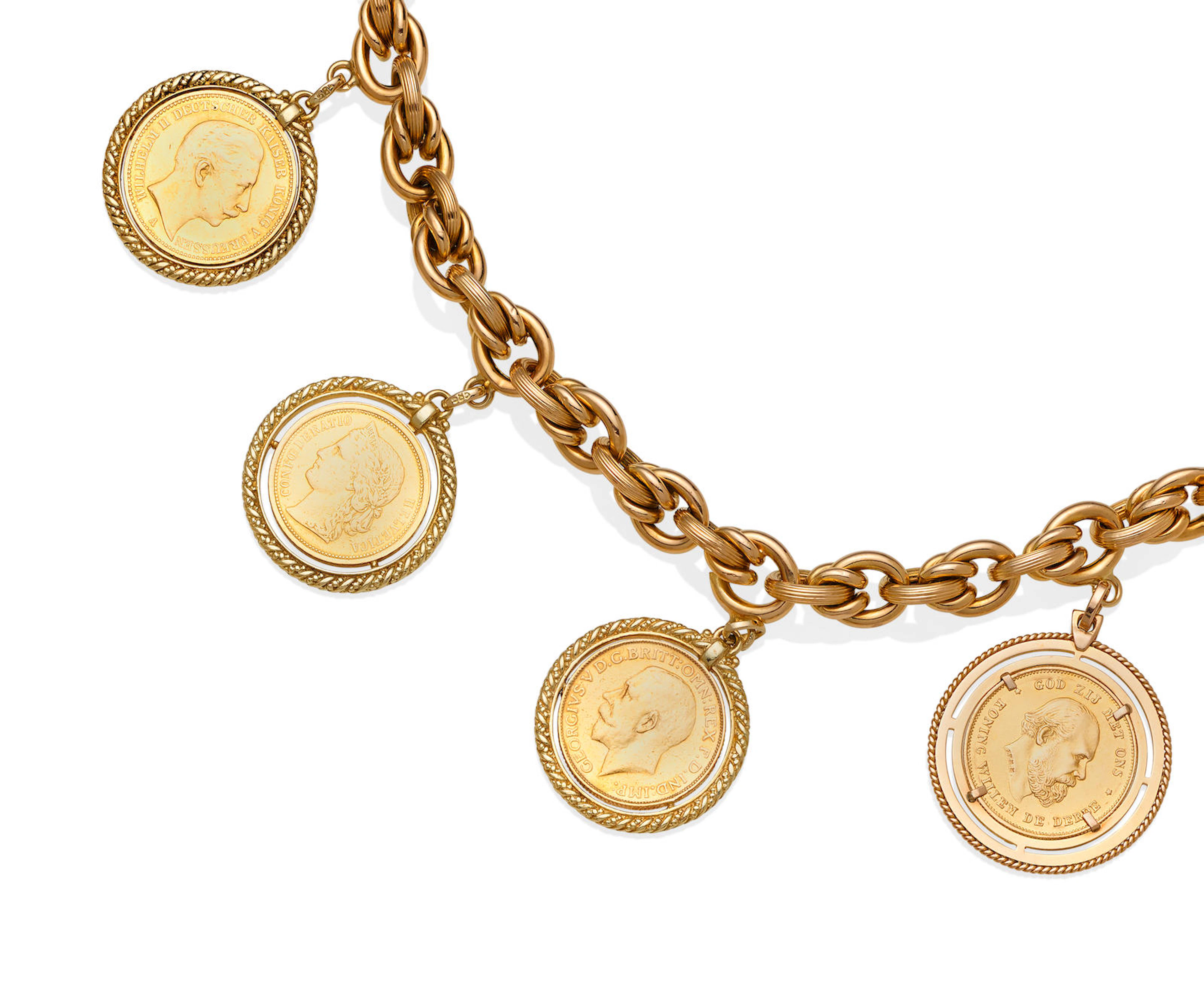 A gold coin charm bracelet