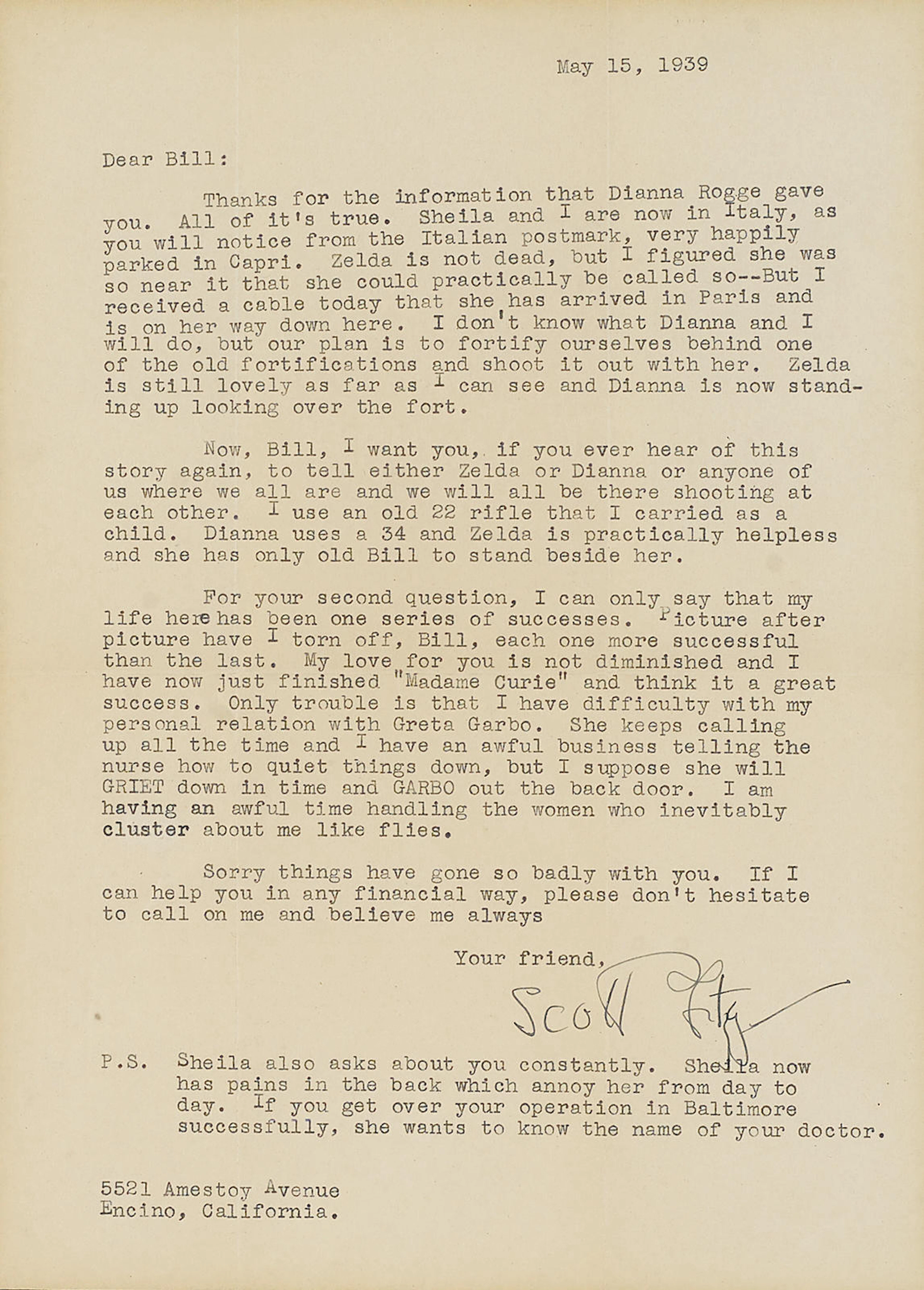 FITZGERALD, F. SCOTT. 1896-1940. Typed Letter Signed ("Scott"), 1 p, 4to, Encino, CA, May 15, 1939, to to Bill [Warren],