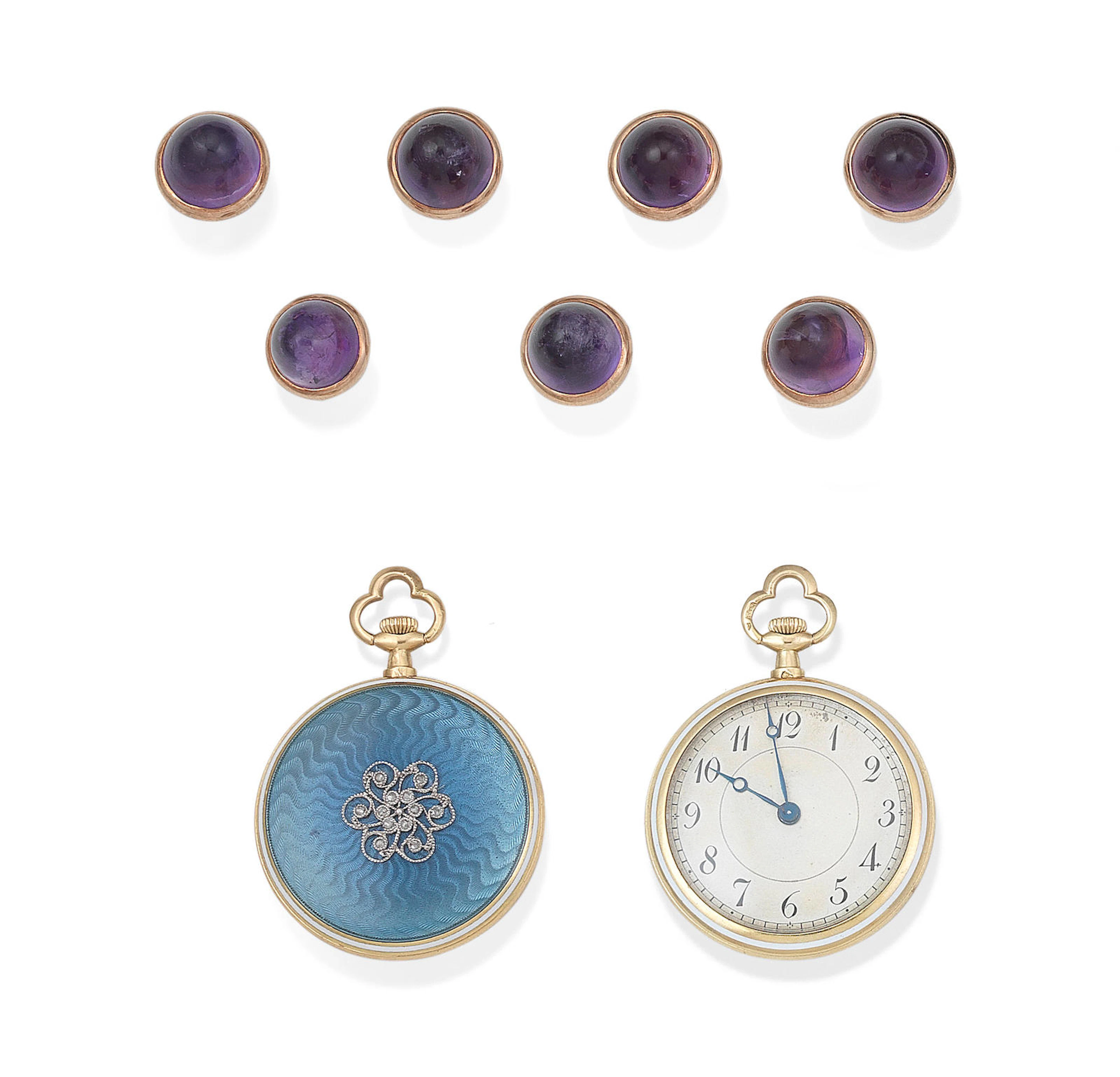 A set of seven early 20th century amethyst buttons, Austro-Hungarian, and an early 20th century enamel fob watch, French (8)