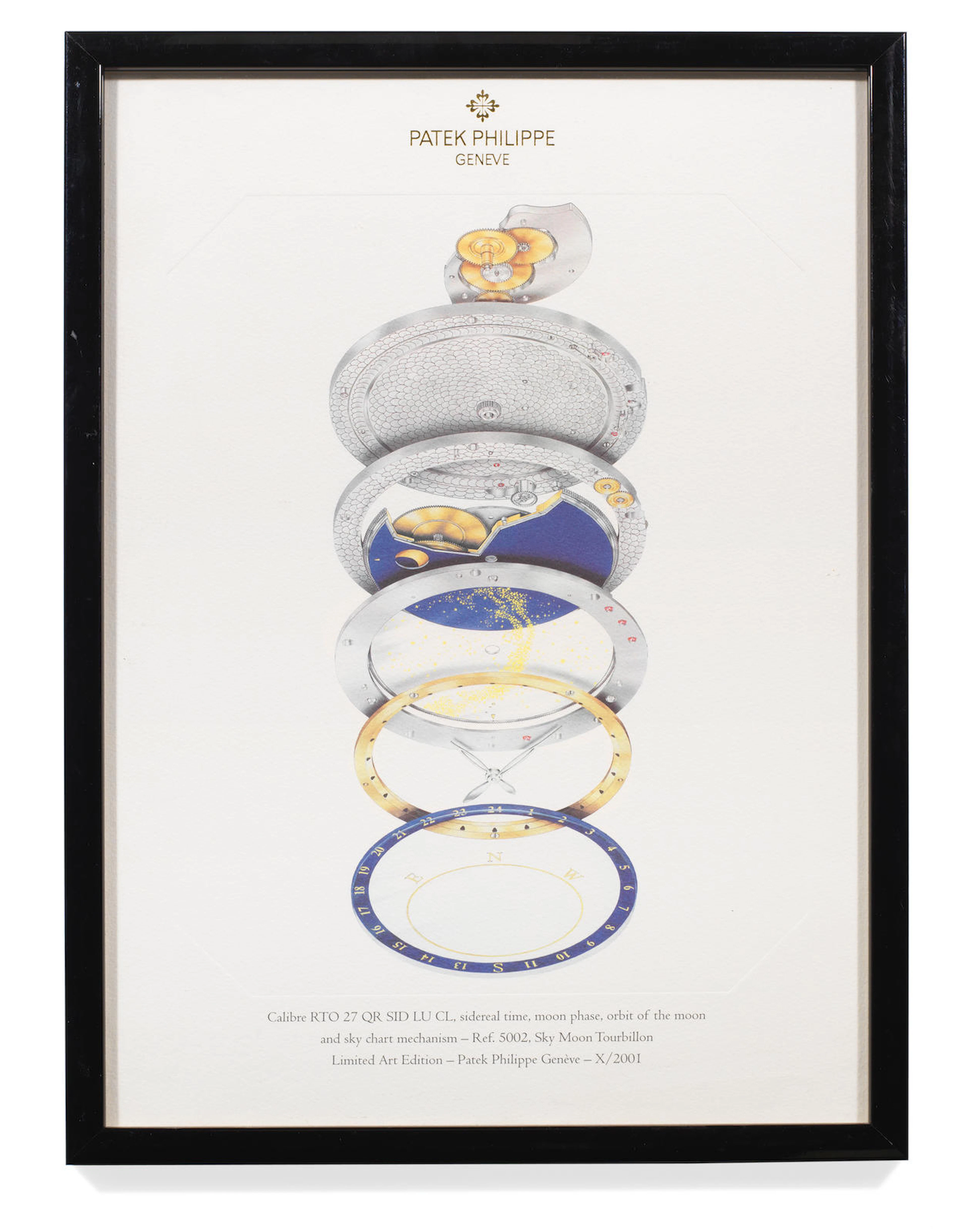 A framed Limited Edition Patek Philippe lithograph depicting a Ref.5002 Sky Moon Tourbillon 2001